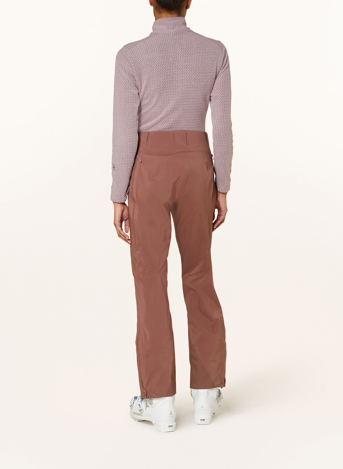 patagonia STORMSTRIDE hardshell ski pants in dusky pink