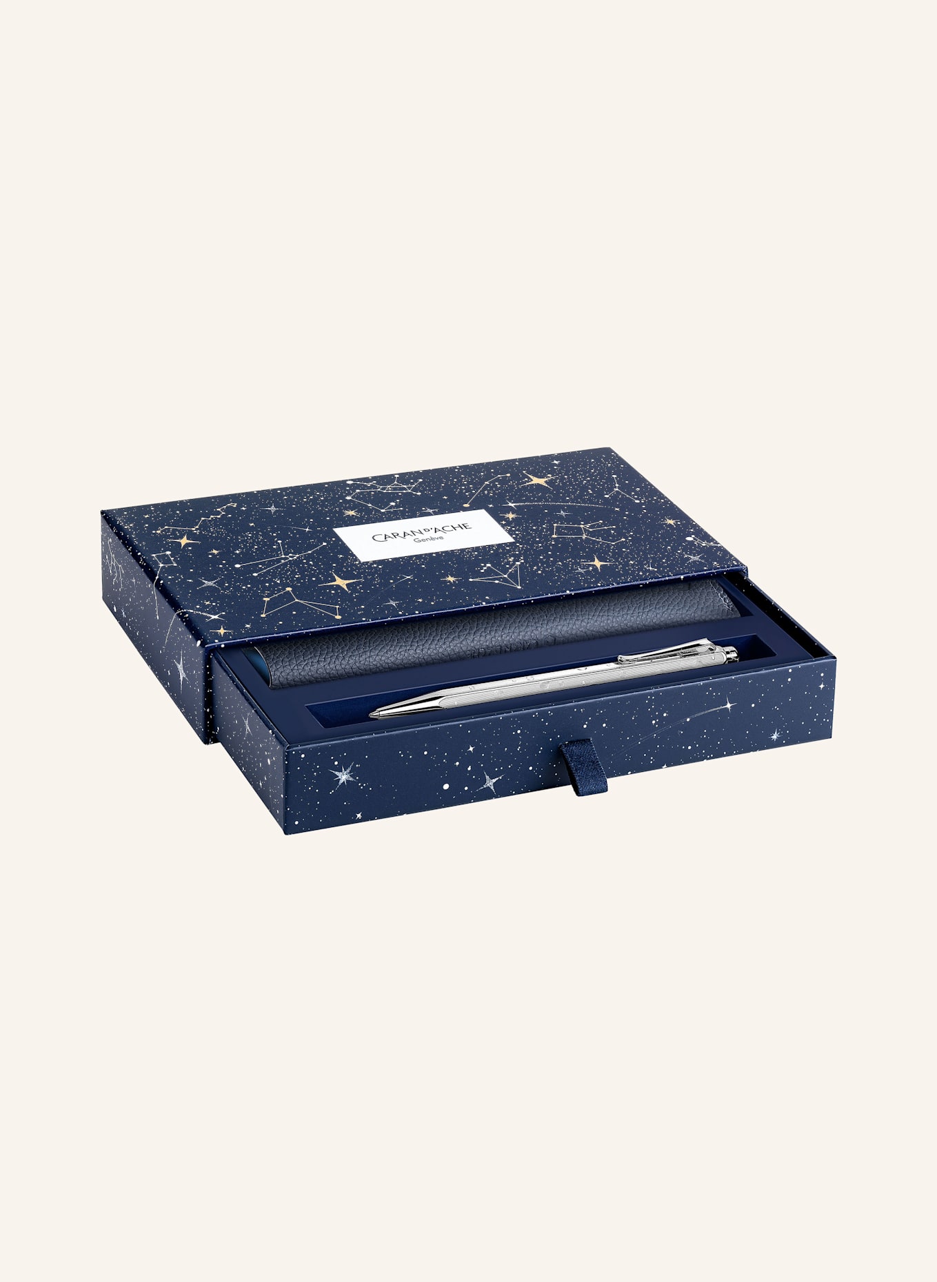 CARAN d'ACHE Set ECRIDOR™ COSMIC BLUE: Kugelschreiber und Lederetui: SILBER / DUNKELBLAU