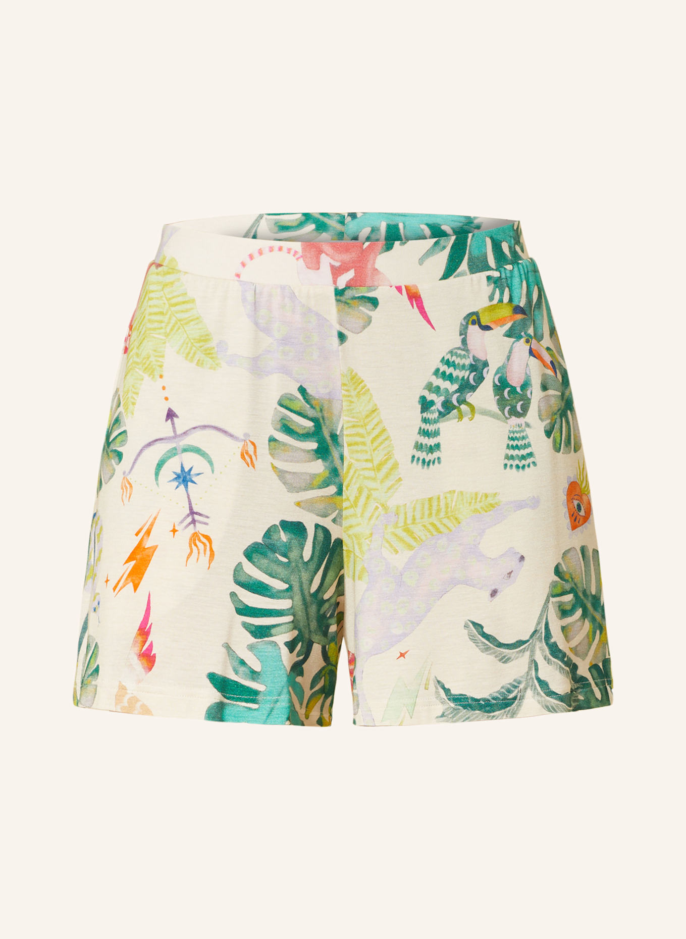 mey Schlafshorts Serie MYSTIC JUNGLE: CREME / GRÜN / HELLLILA