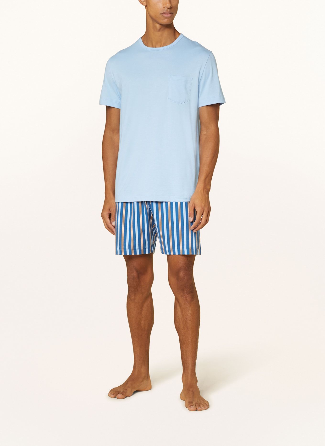 mey Shorty-Schlafanzug Serie BOLD BLUE STRIPES: HELLBLAU/ DUNKELBLAU/ BRAUN
