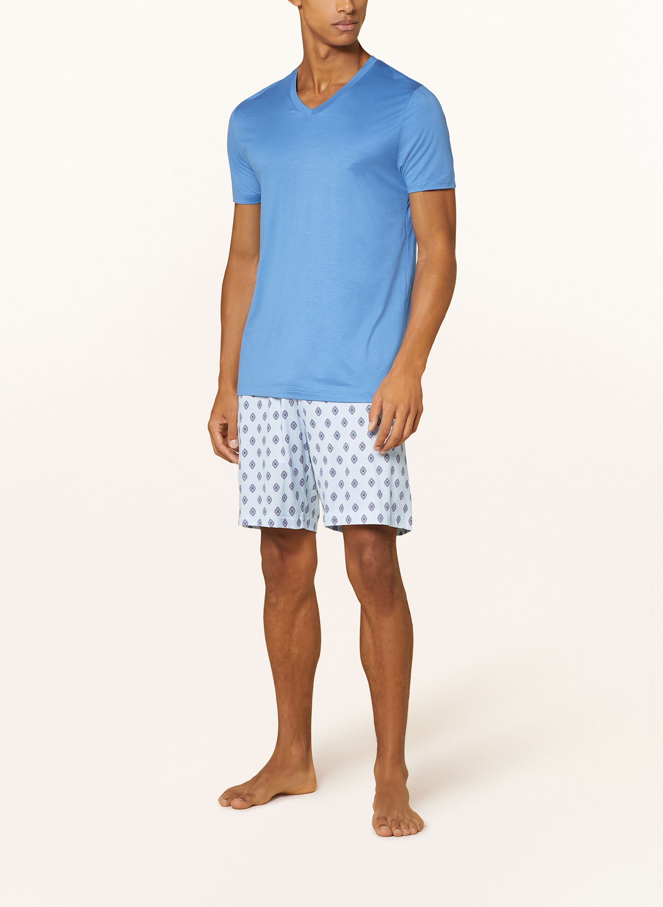 mey Schlafshorts Serie STRIPES WITH TIE PATTERN: HELLBLAU/ WEISS/ ROT