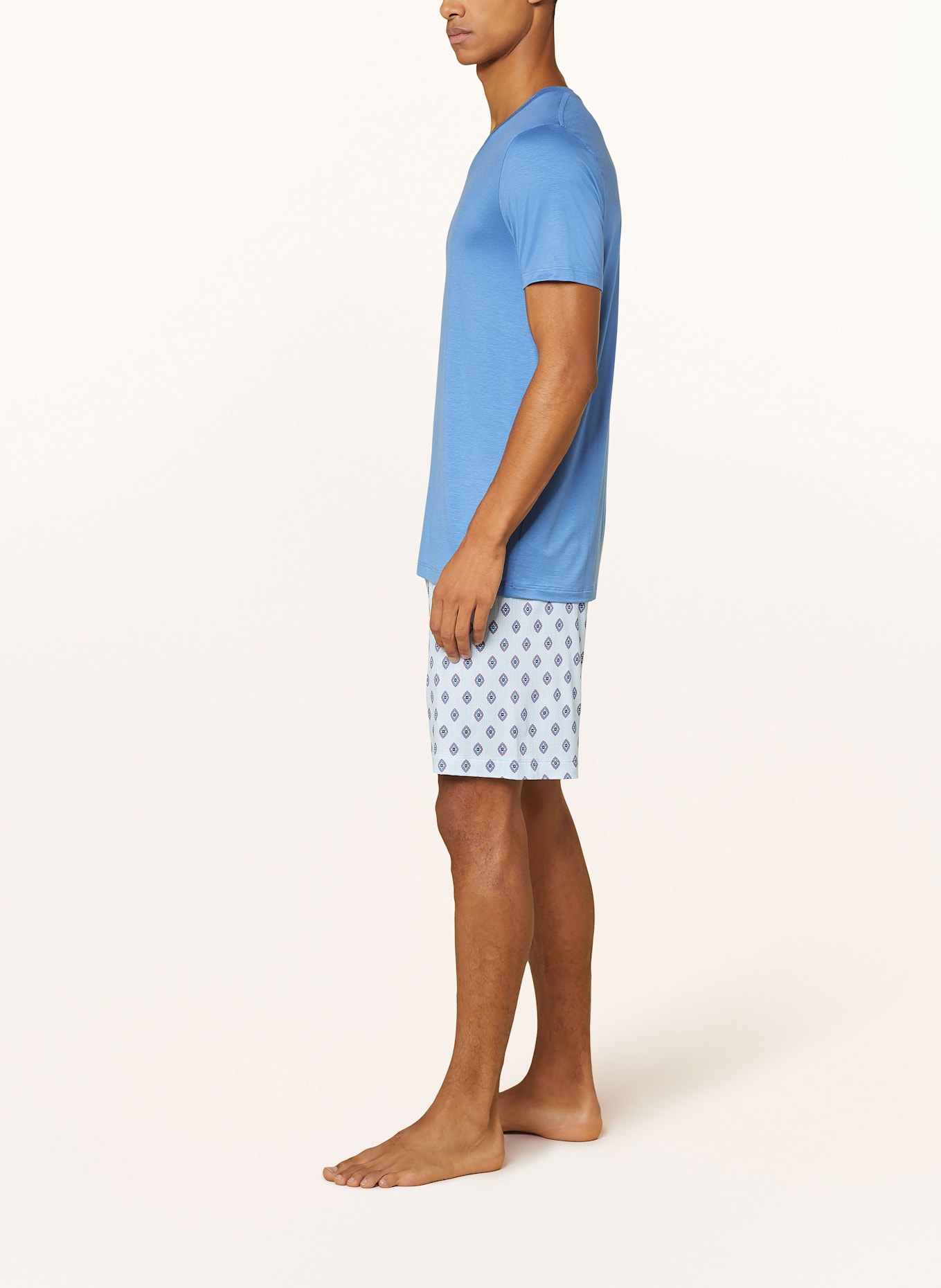 mey Schlafshorts Serie STRIPES WITH TIE PATTERN: HELLBLAU/ WEISS/ ROT