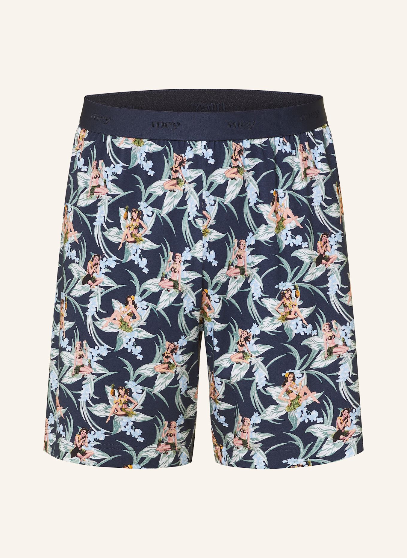 mey Schlafshorts Serie TROPICAL BLISS: DUNKELBLAU/ HELLBLAU/ GRÜN