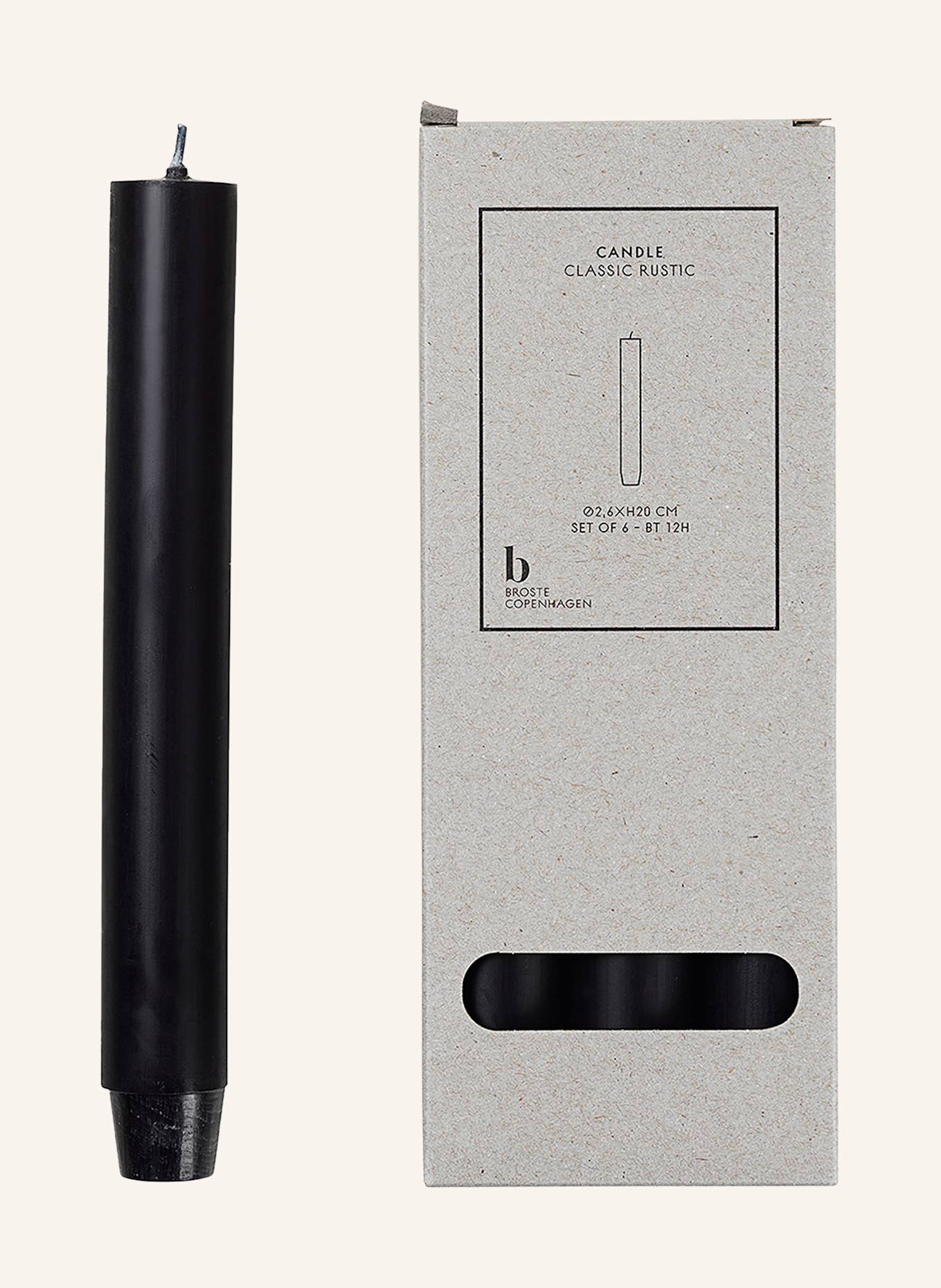 BROSTE COPENHAGEN Lot de 6 bougies cylindriques CLASSIC RUSTIC: NOIR