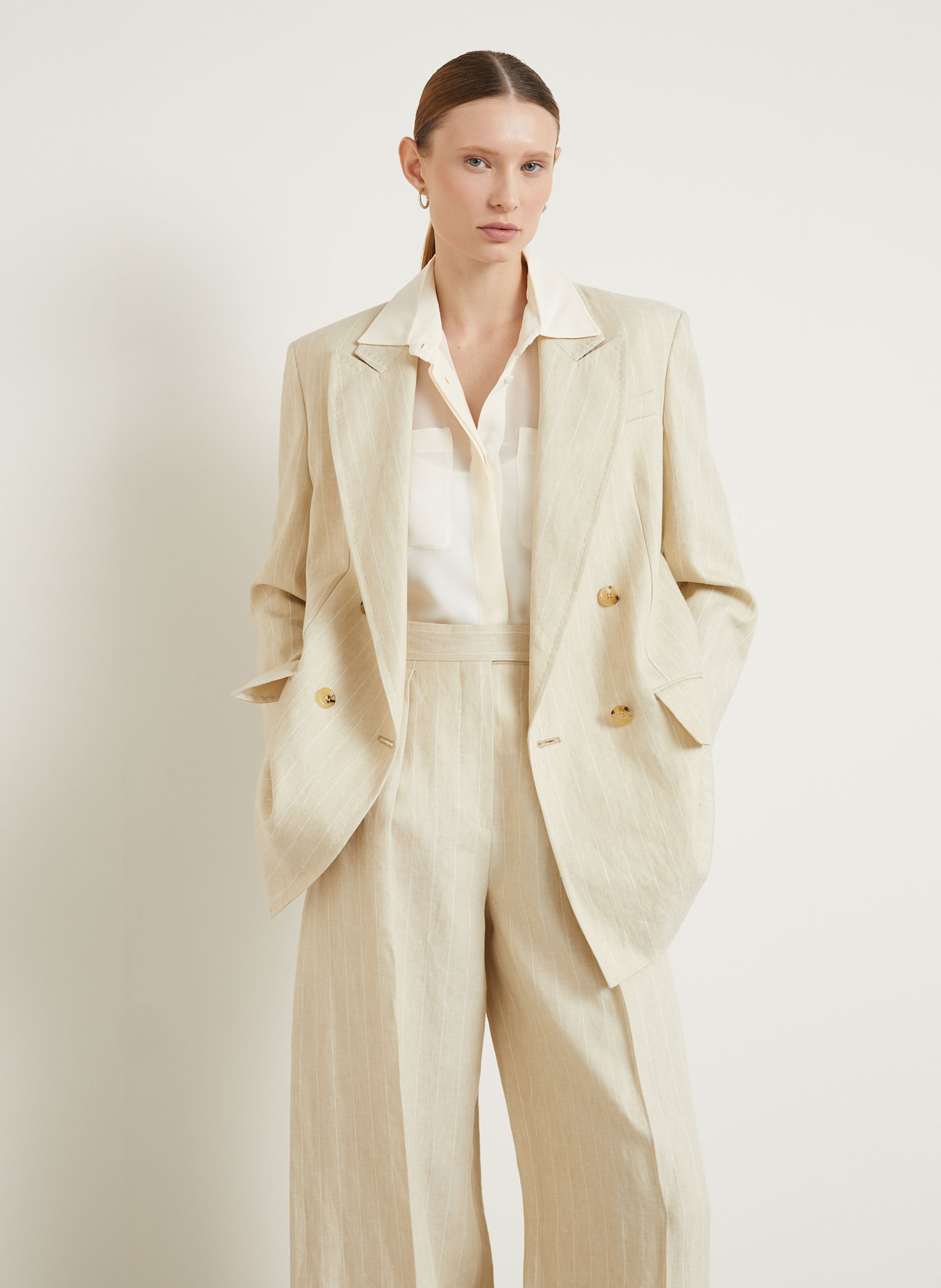 Max Mara GERLA linen long blazer in beige/ cream