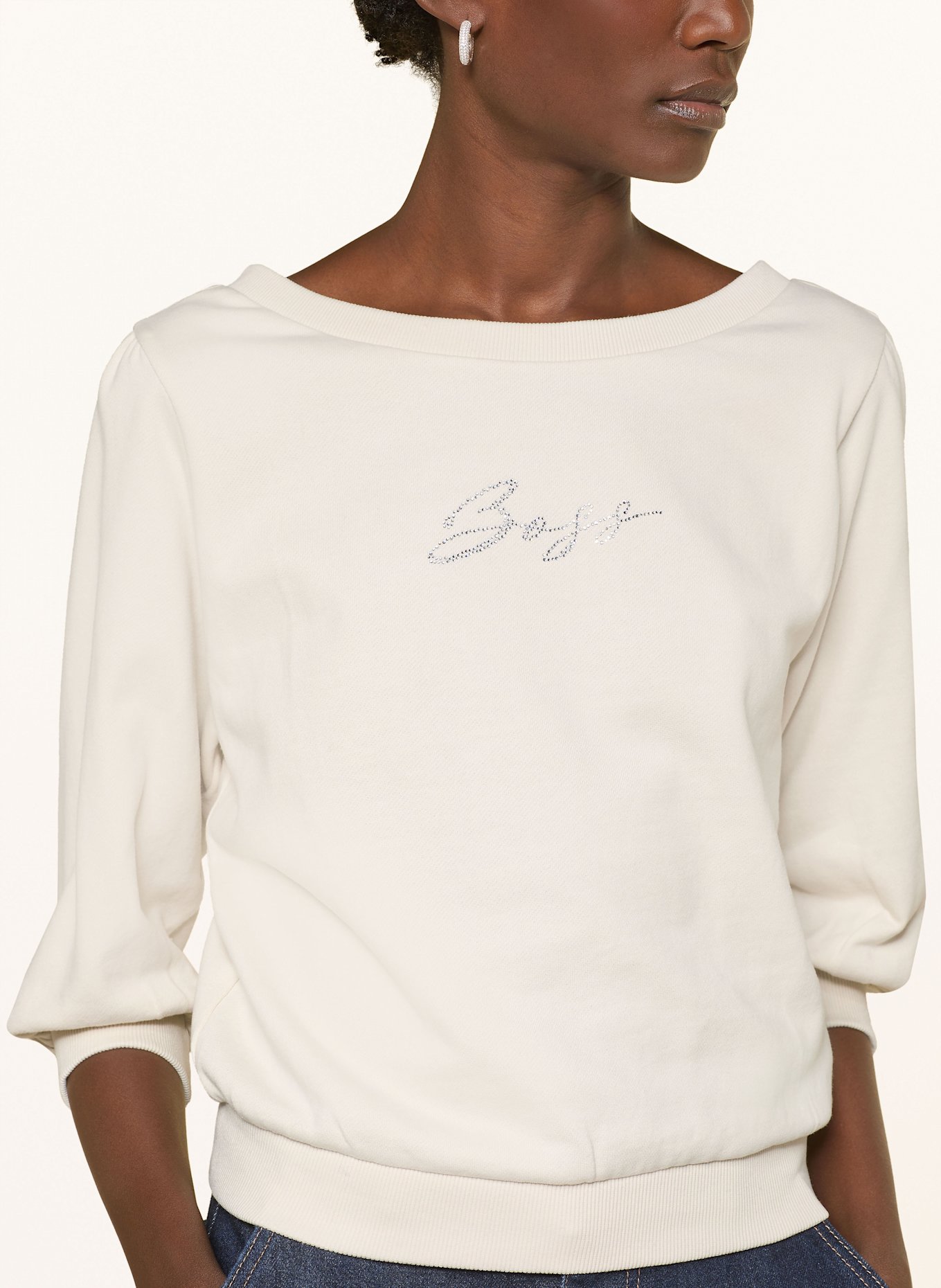 BOSS Sweatshirt EMAY mit 3/4-Arm und Schmucksteinen: WEISS