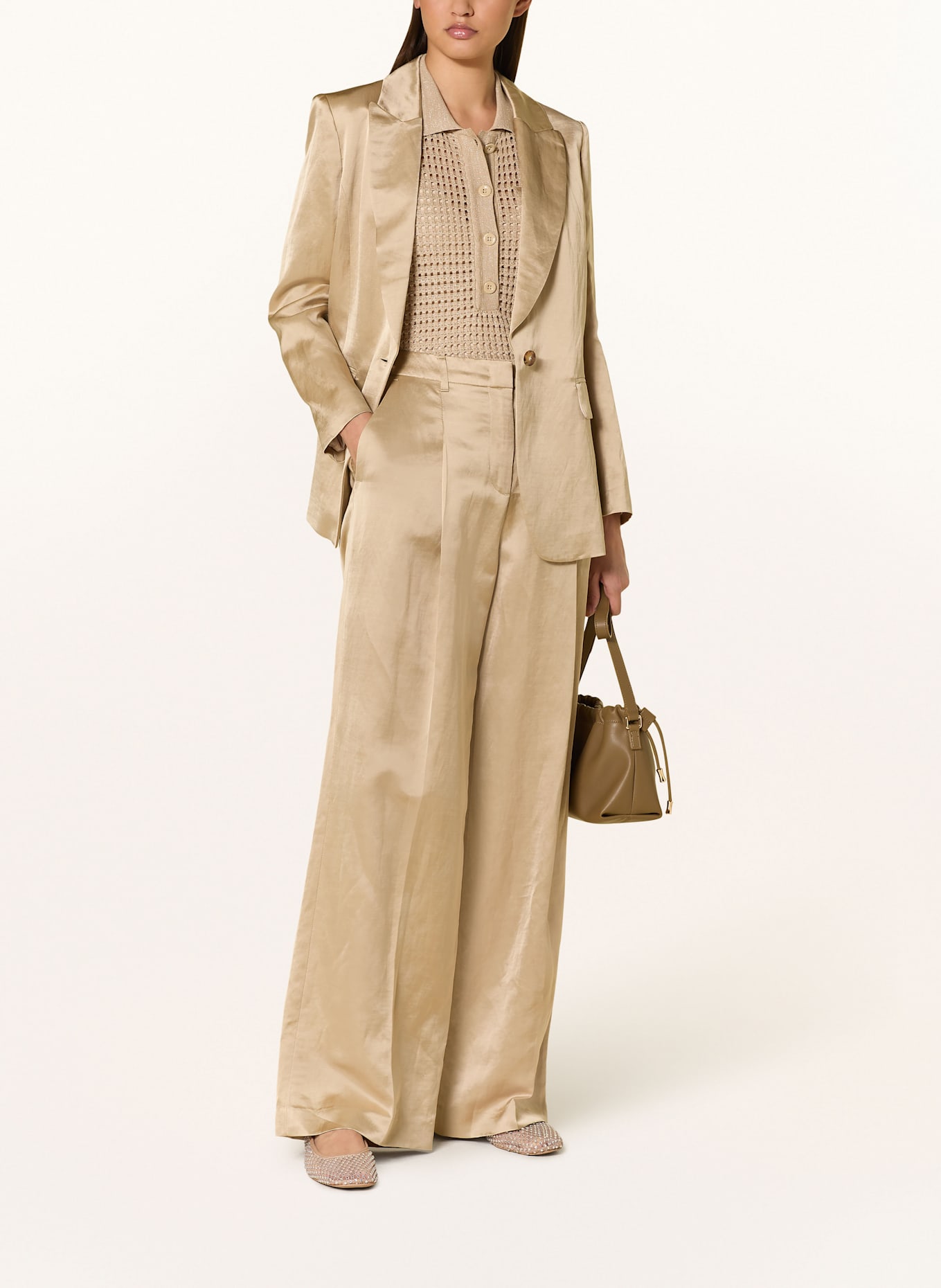 MARC CAIN WICHITA wide leg trousers in satin with linen: 608 cappuccino macaron