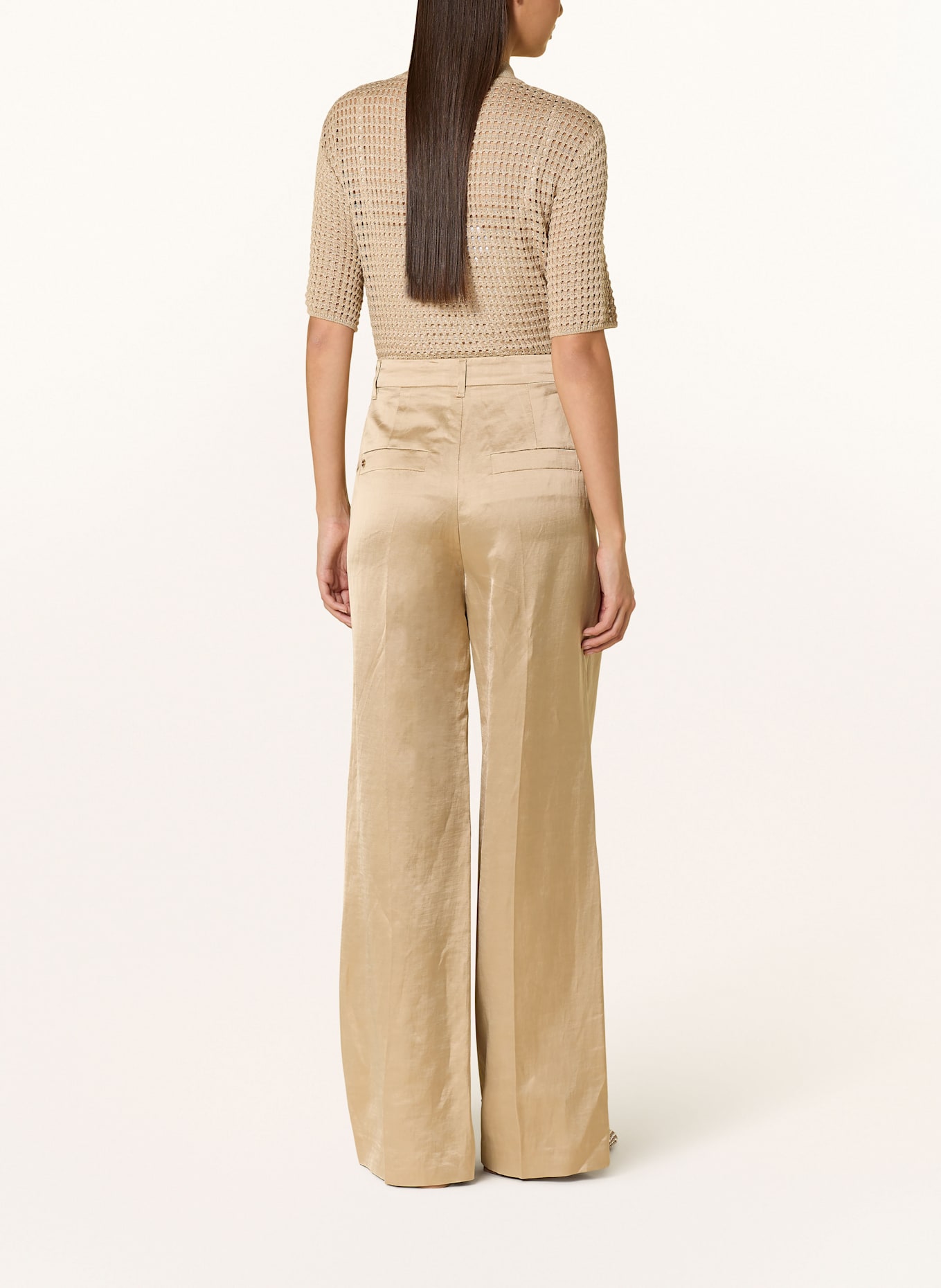 MARC CAIN WICHITA wide leg trousers in satin with linen: 608 cappuccino macaron