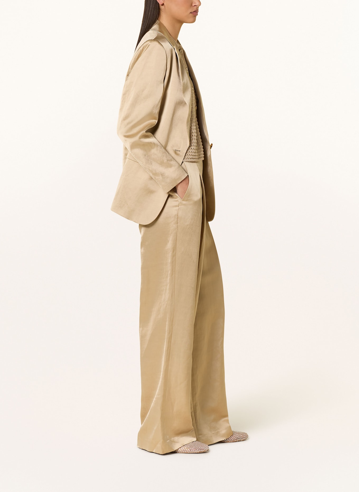 MARC CAIN WICHITA wide leg trousers in satin with linen: 608 cappuccino macaron