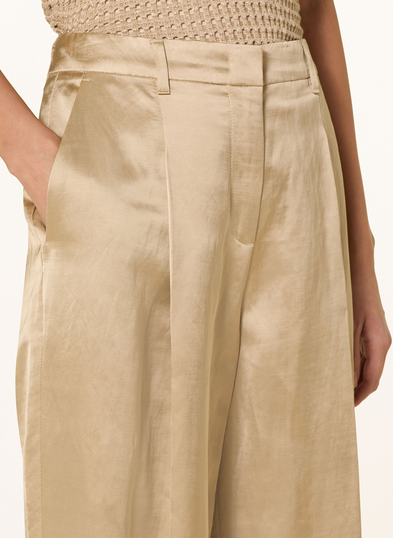 MARC CAIN WICHITA wide leg trousers in satin with linen: 608 cappuccino macaron