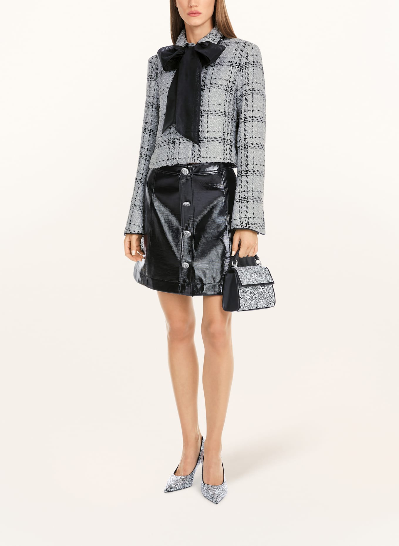 MARC CAIN Veste en tweed avec fil pailleté: GRIS CLAIR / NOIR