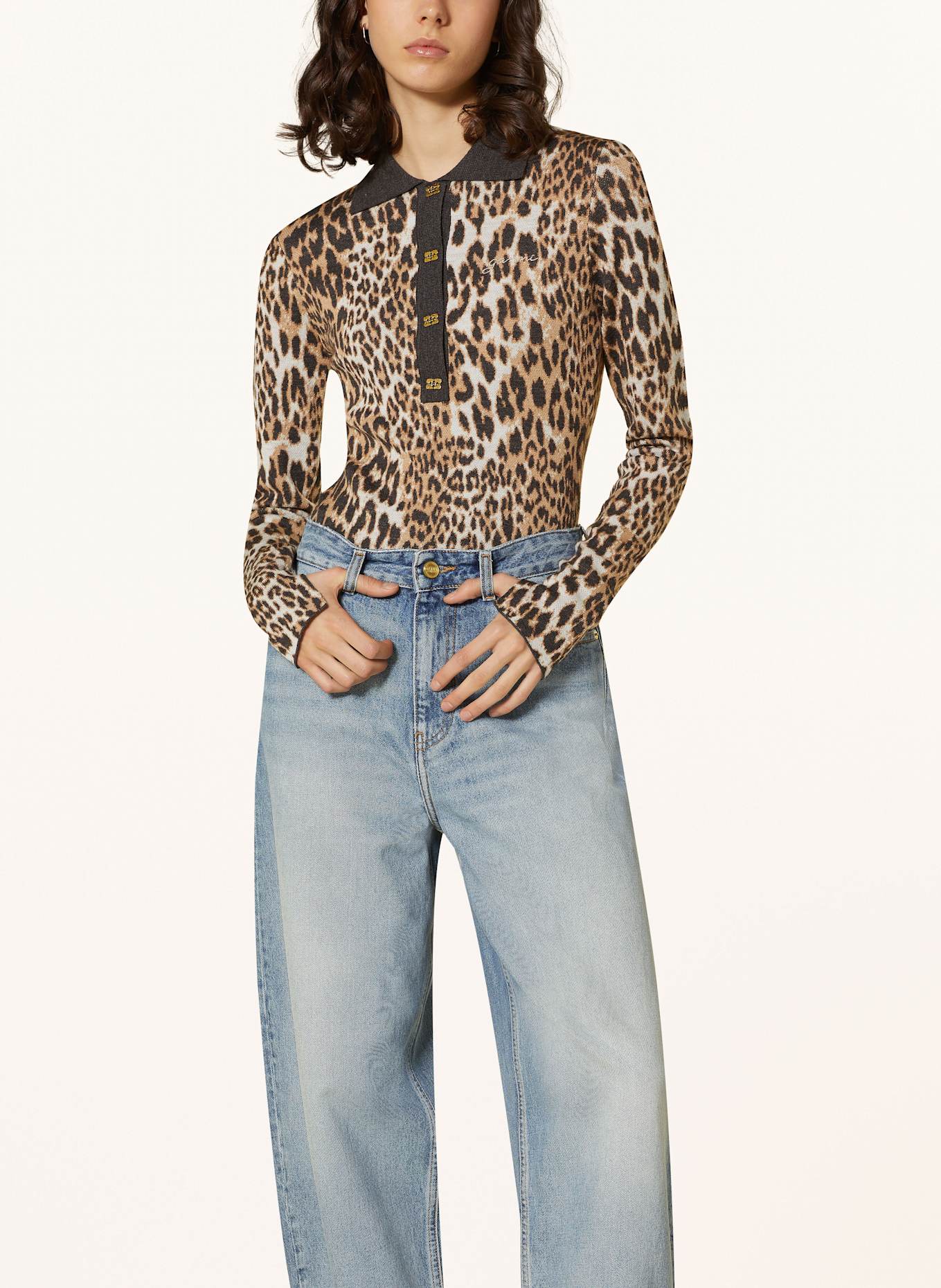 GANNI Koszulka polo z dzianiny z wełny merino: BEŻOWY / BRĄZOWY / CIEMNOBRĄZOWY