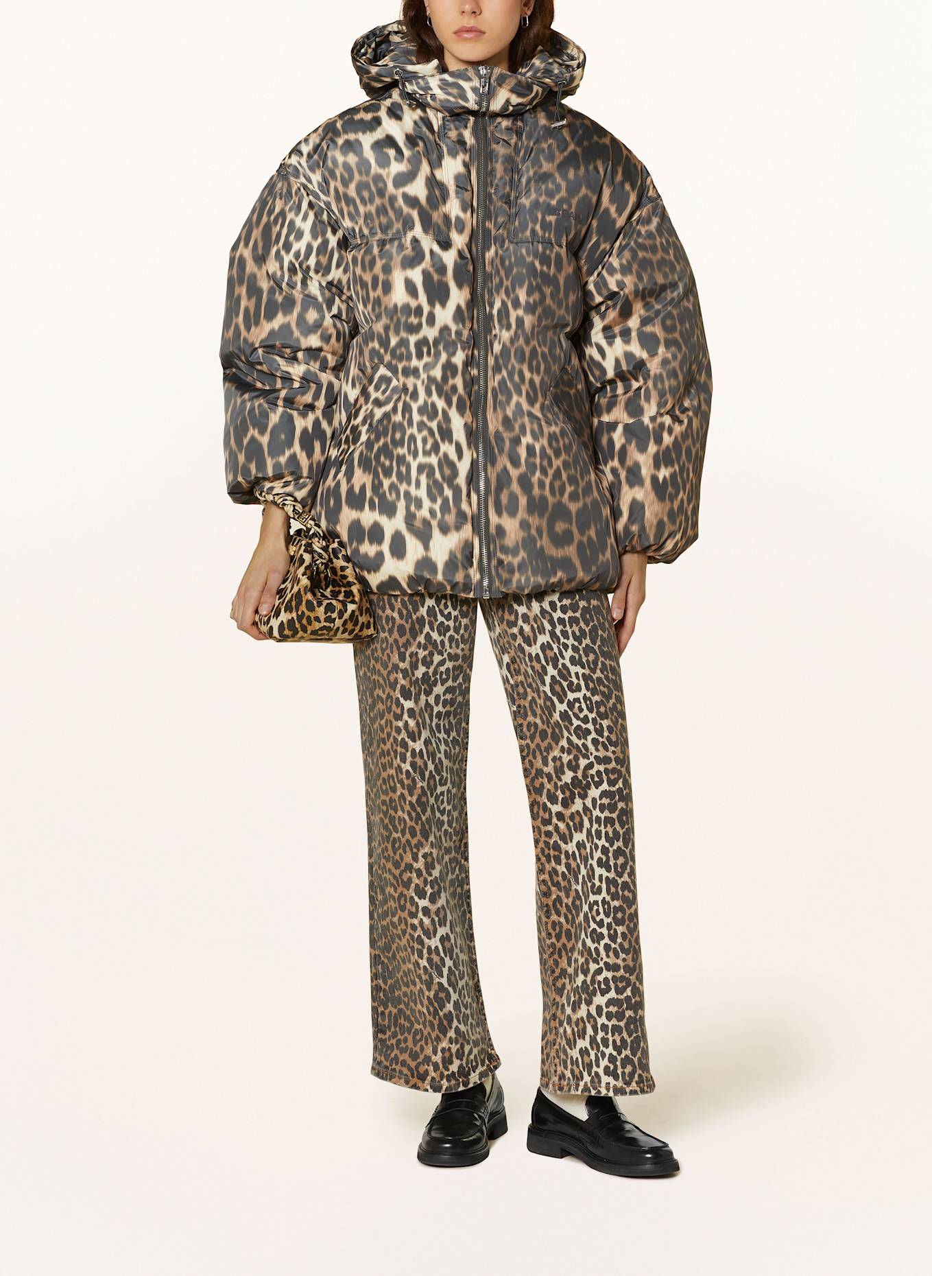 GANNI Daunenjacke mit abnehmbarer Kapuze: DUNKELBRAUN / BEIGE