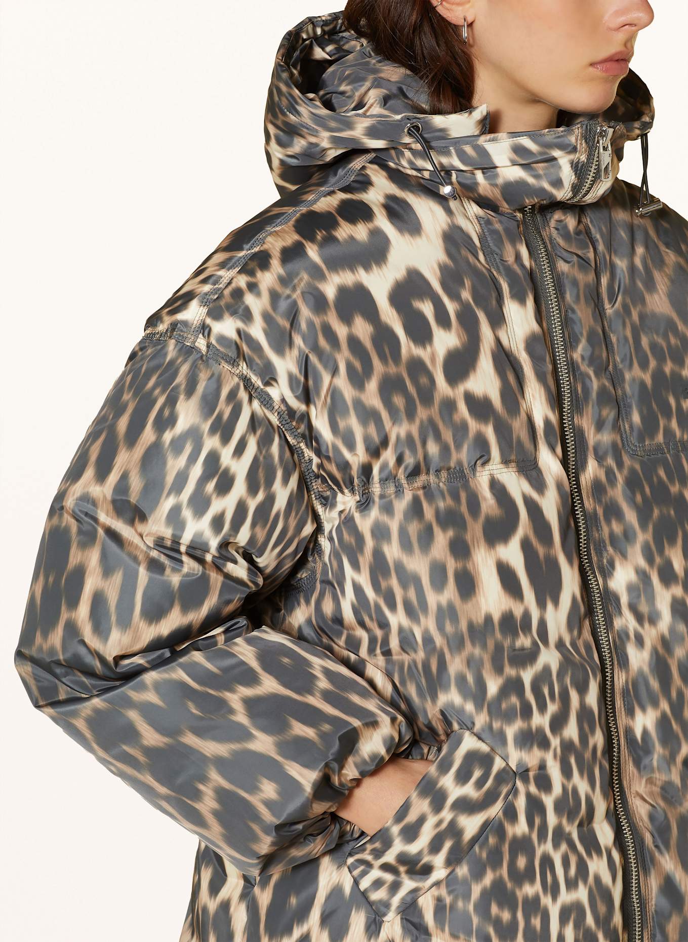 GANNI Daunenjacke mit abnehmbarer Kapuze: DUNKELBRAUN / BEIGE