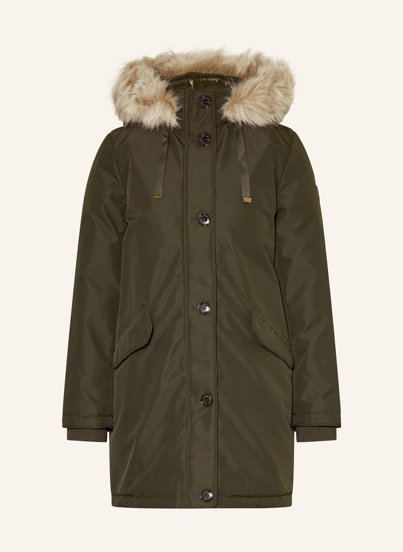 LAUREN RALPH LAUREN Parka s odnímatelnou kapucí a umělou kožešinou: TMAVĚ ZELENÁ