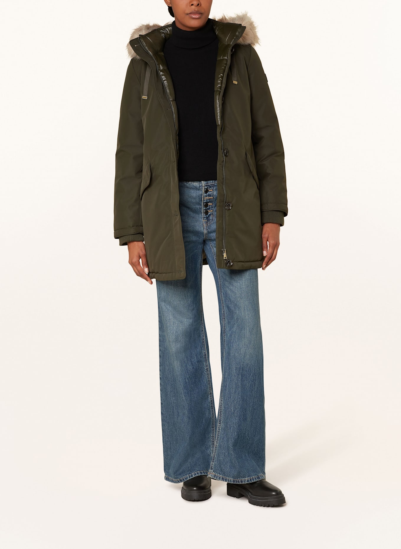 LAUREN RALPH LAUREN Parka s odnímatelnou kapucí a umělou kožešinou: TMAVĚ ZELENÁ