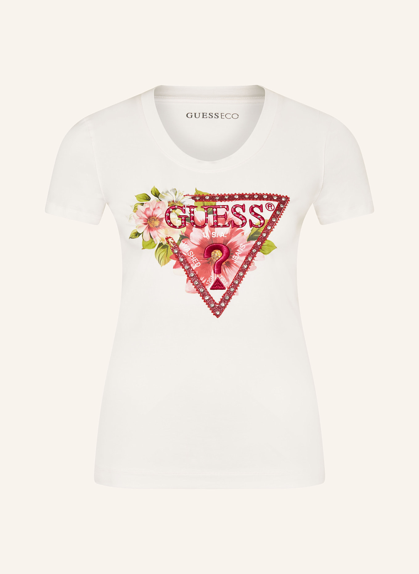 GUESS T-Shirt mit Schmucksteinen: CREME