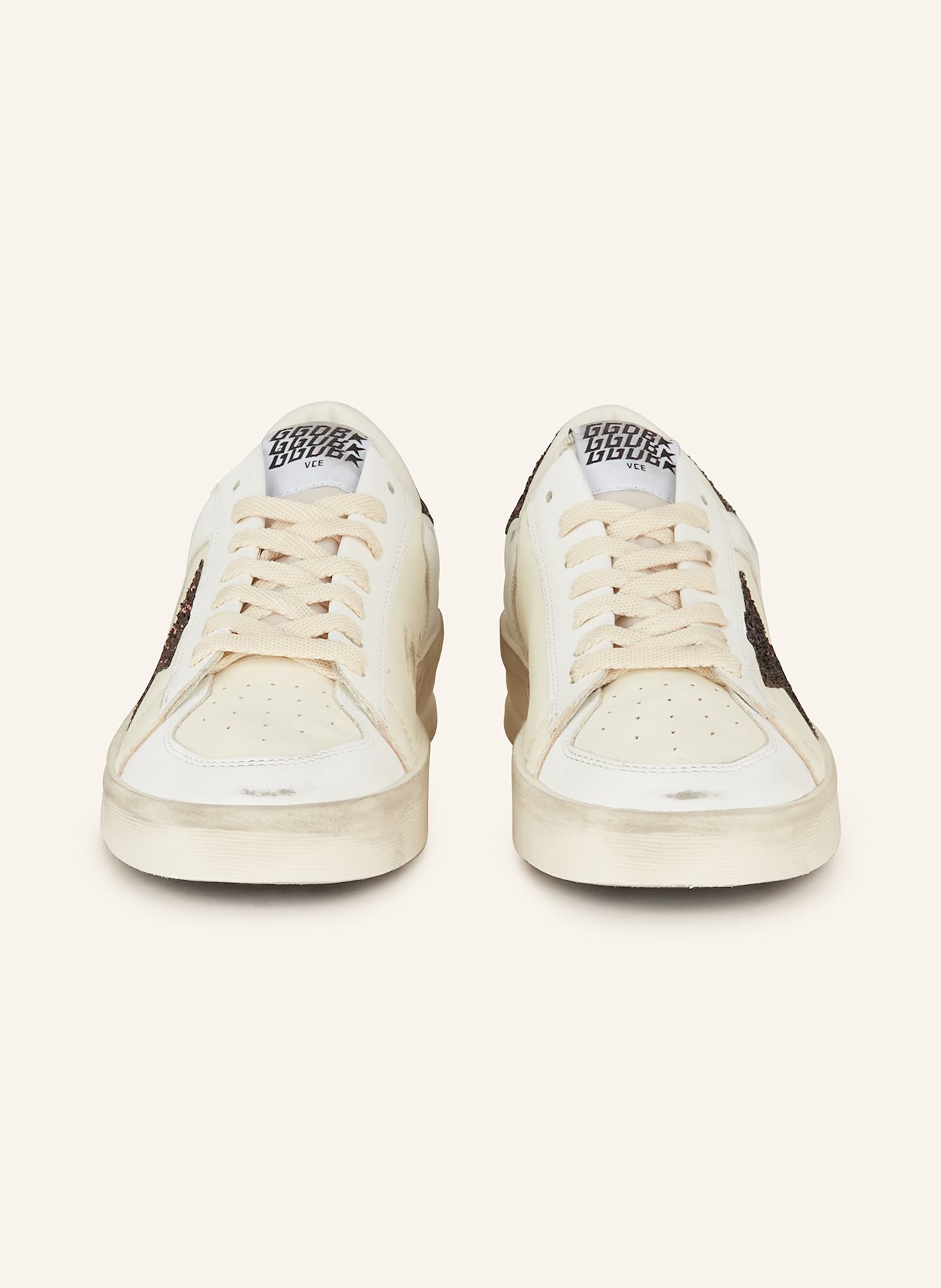 GOLDEN GOOSE Sneaker STARDAN mit Pailletten: WEISS / DUNKELBRAUN / ECRU