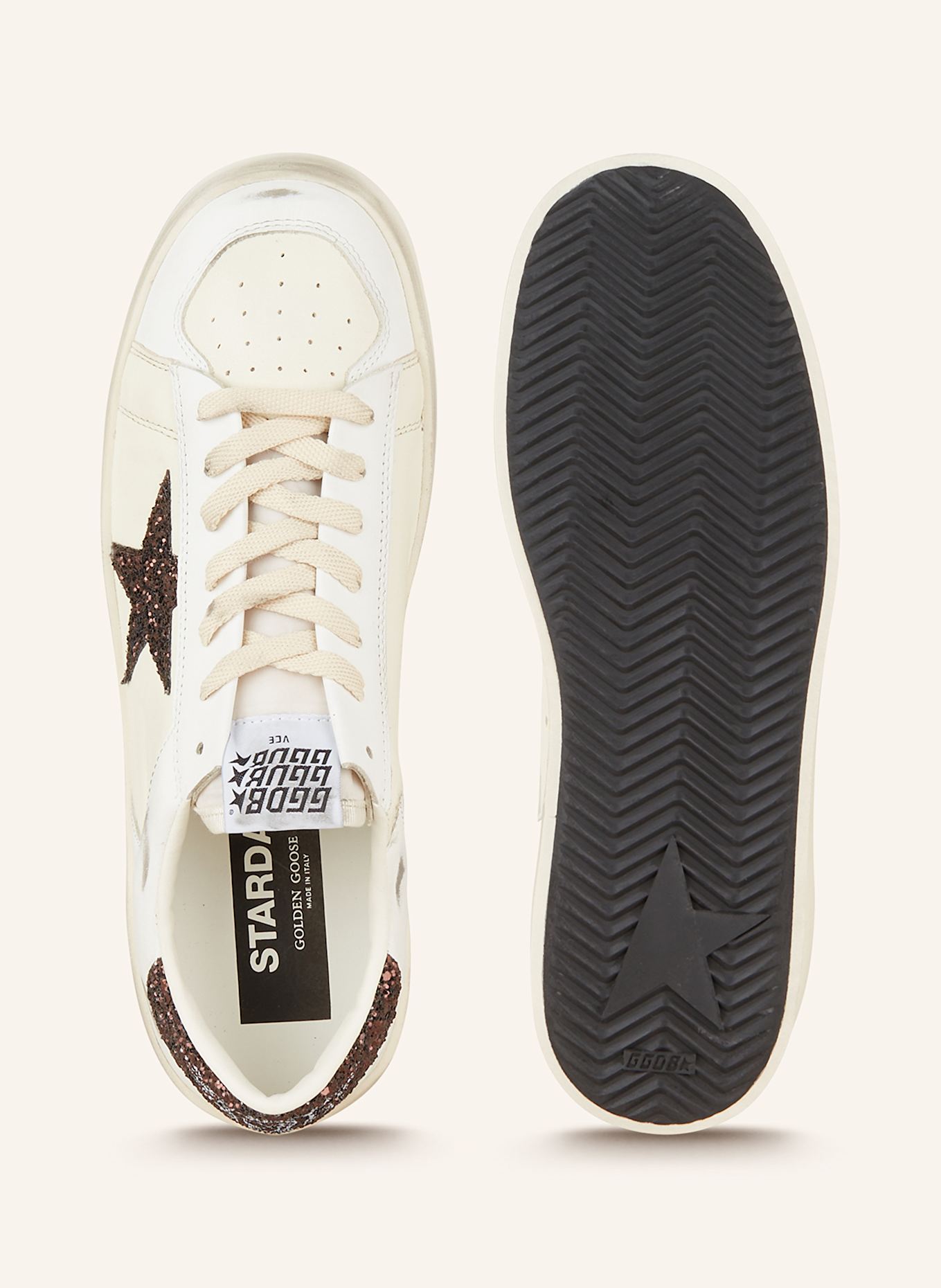 GOLDEN GOOSE Sneaker STARDAN mit Pailletten: WEISS / DUNKELBRAUN / ECRU
