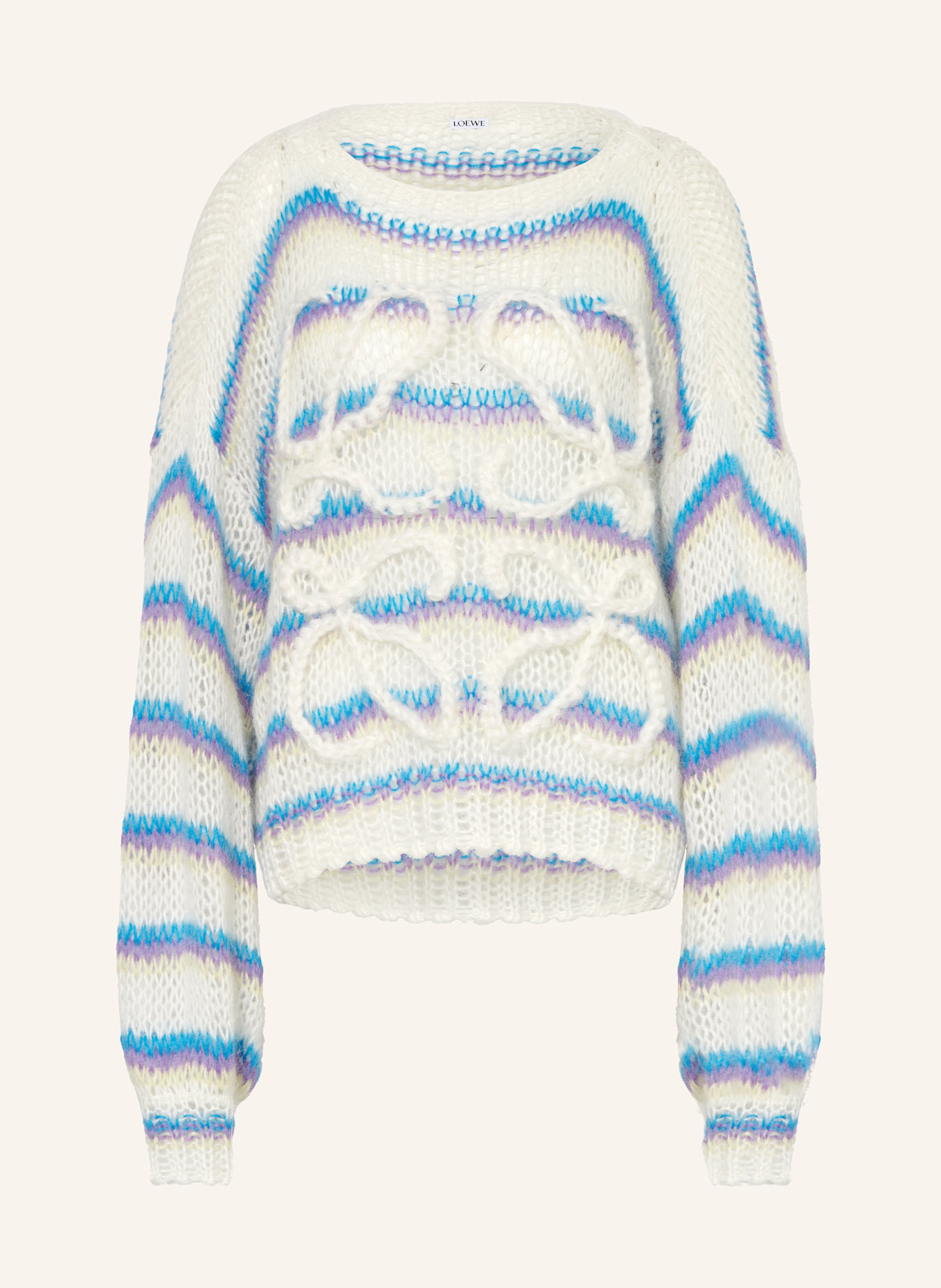 LOEWE Oversized svetr ANAGRAM s mohérem: BÍLÁ / MODRÁ / FIALOVÁ
