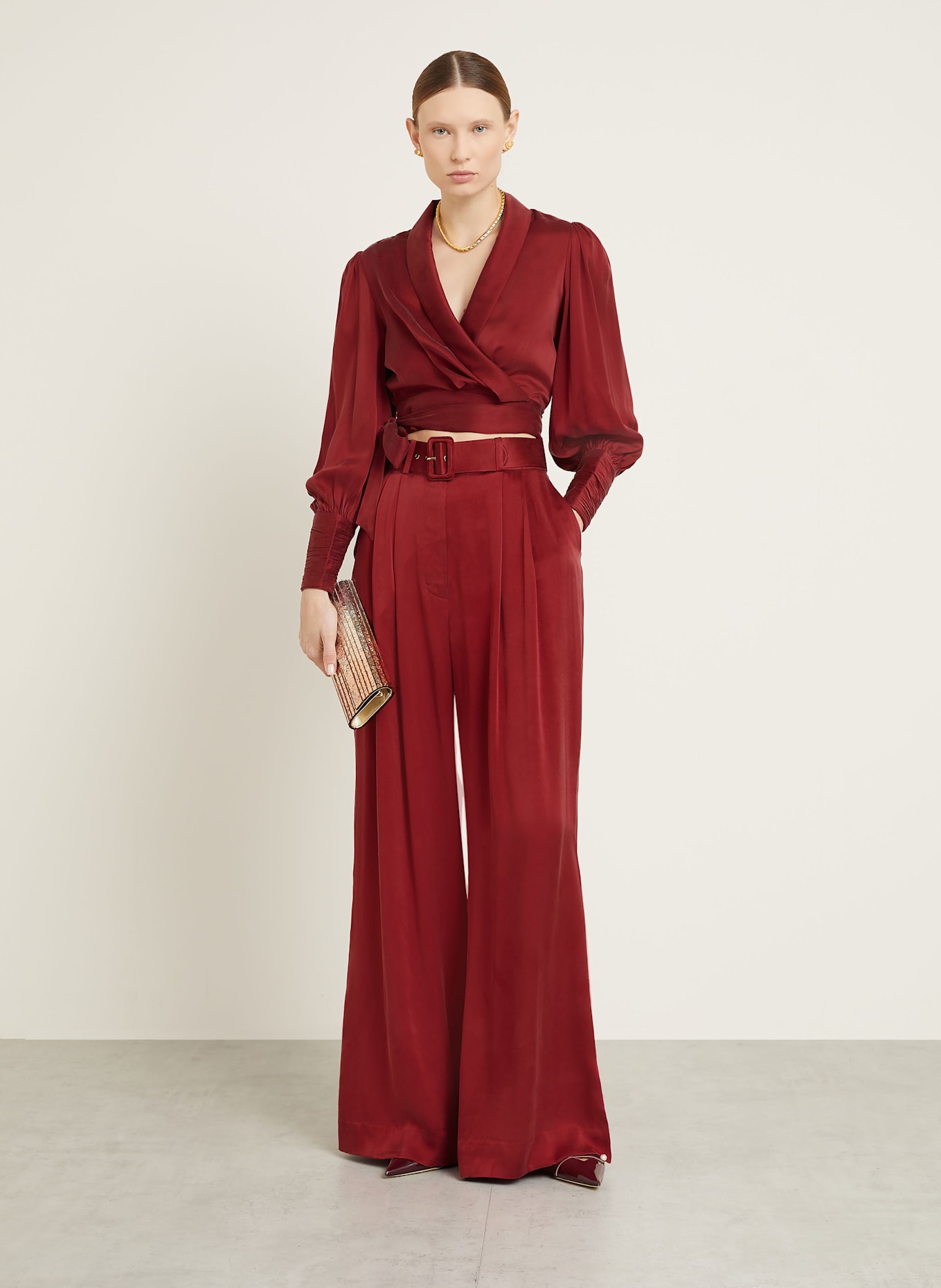 ZIMMERMANN Satin wide leg trousers in silk: DARK RED