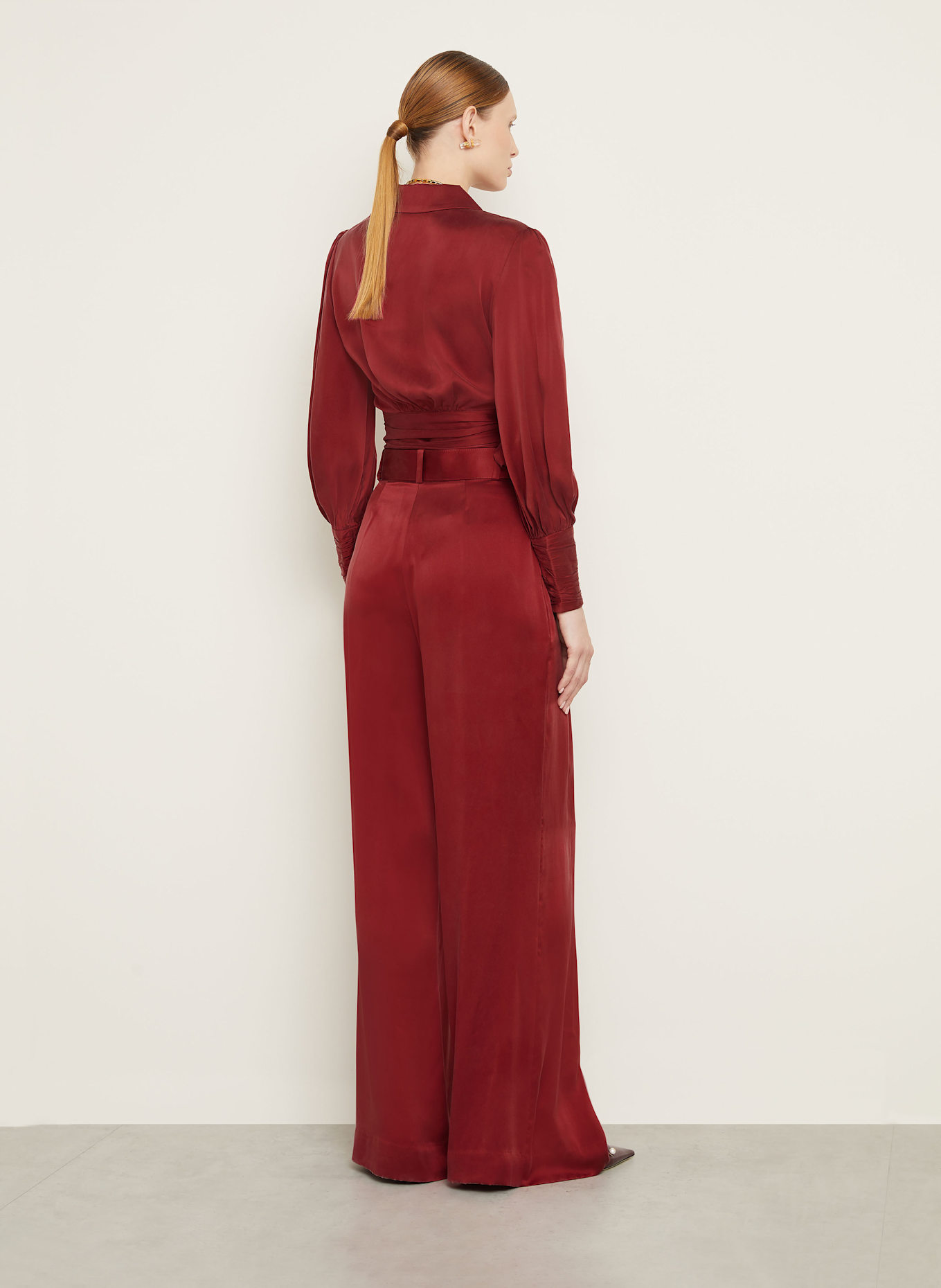 ZIMMERMANN Satin wide leg trousers in silk: DARK RED