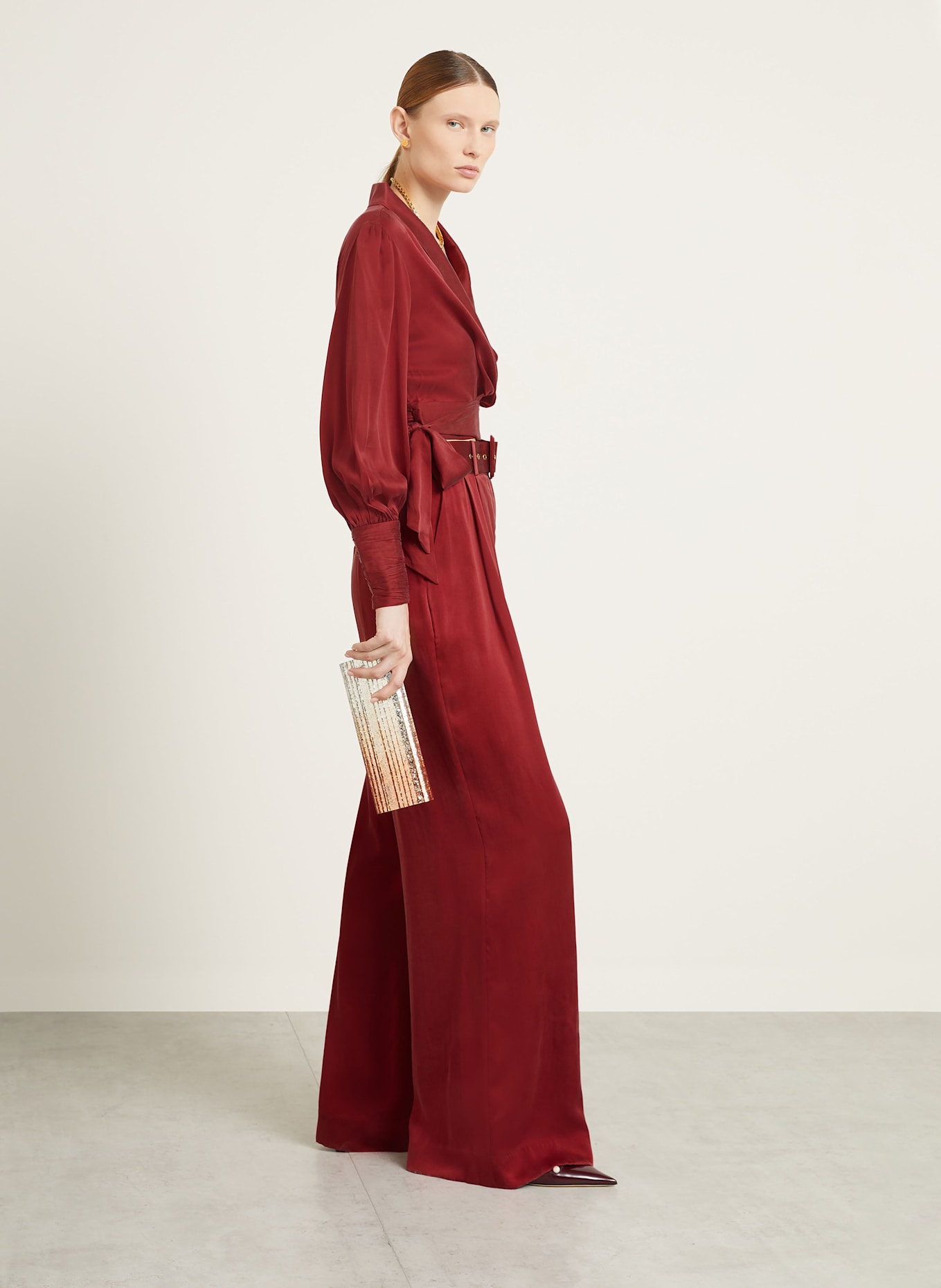 ZIMMERMANN Satin wide leg trousers in silk: DARK RED
