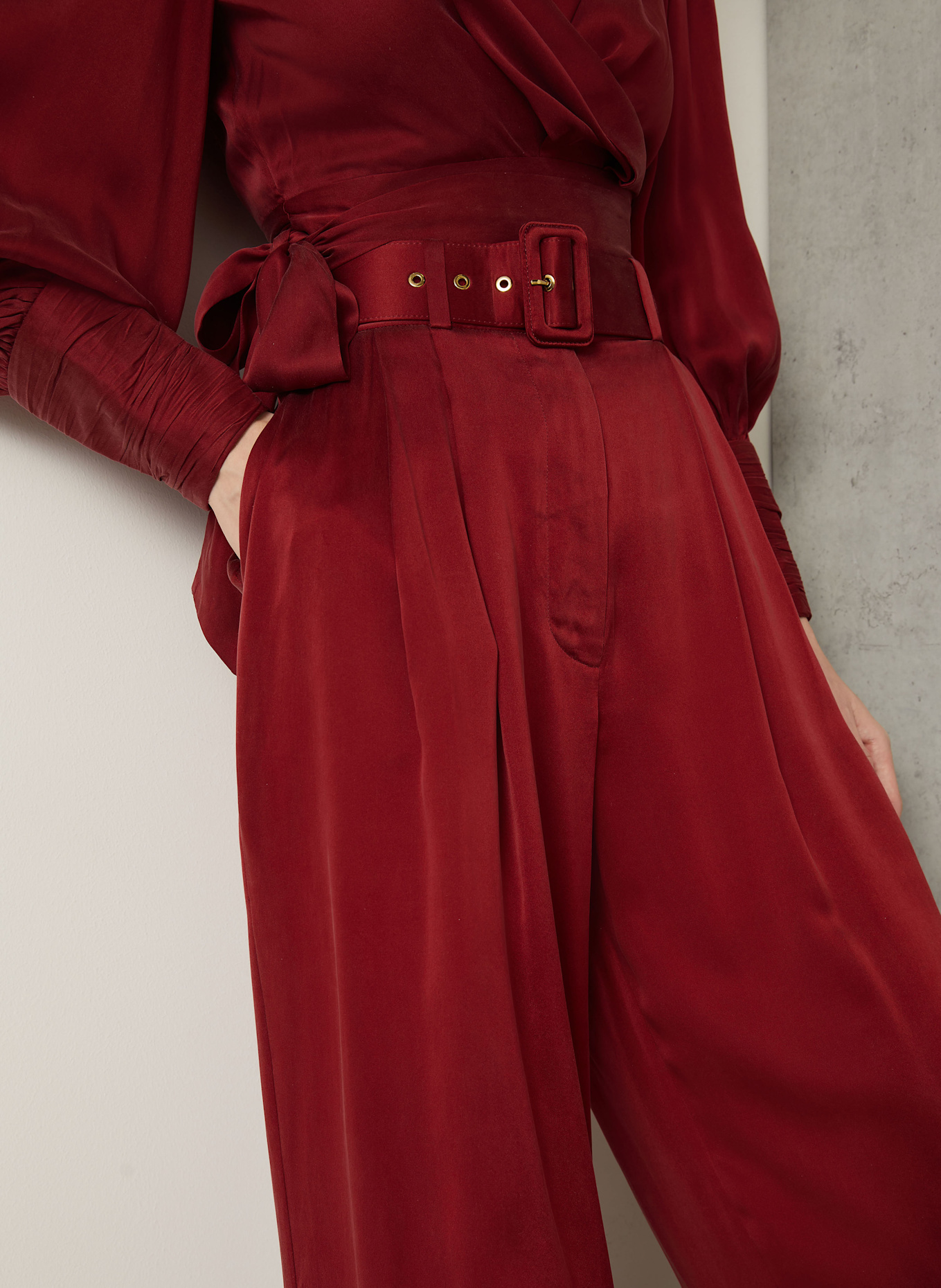 ZIMMERMANN Satin wide leg trousers in silk: DARK RED