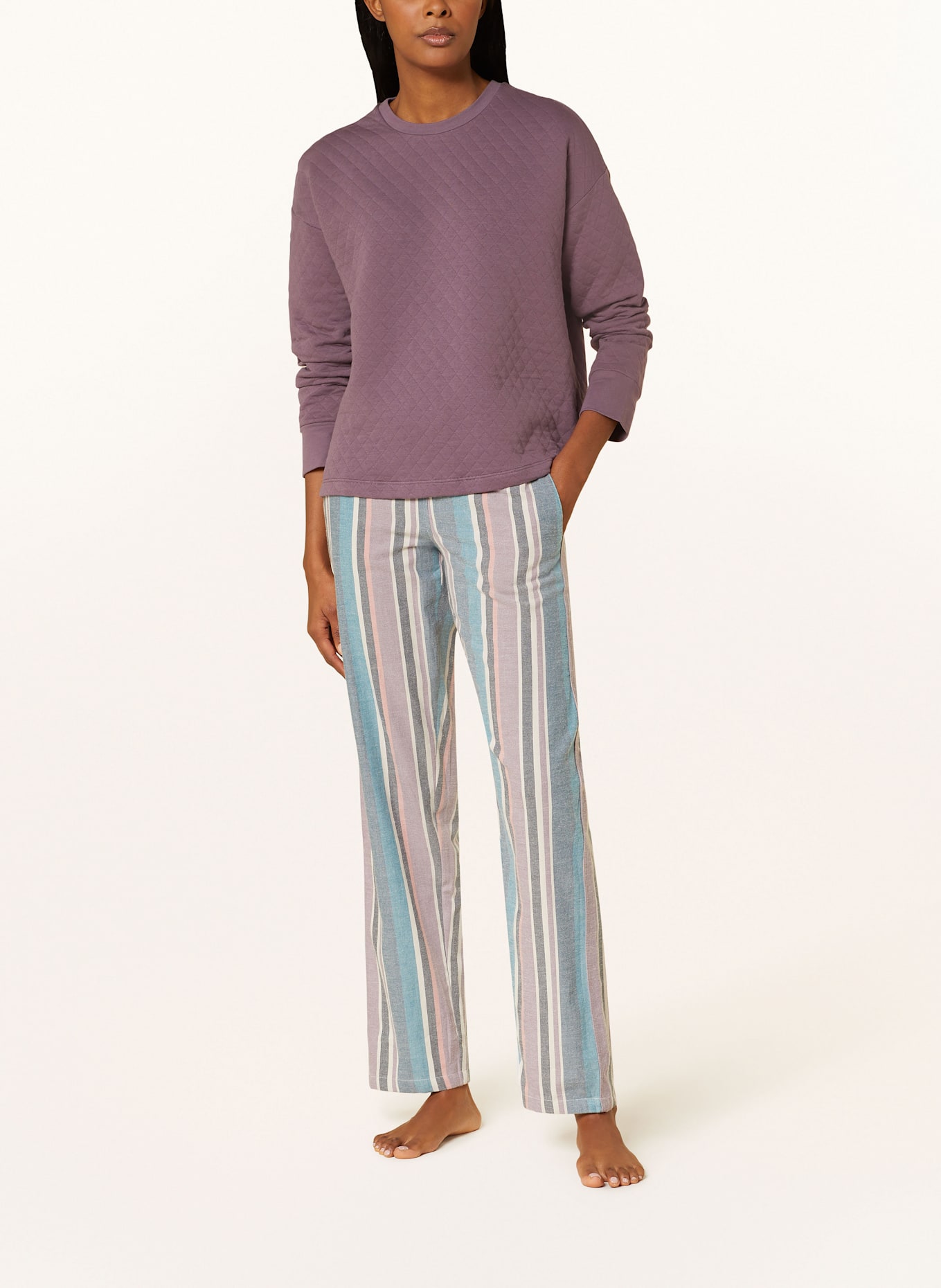 SCHIESSER Pyžamové kalhoty MIX+RELAX z flanelu: SVĚTLE FIALOVÁ / ČERNOŠEDÁ / KRÉMOVÁ