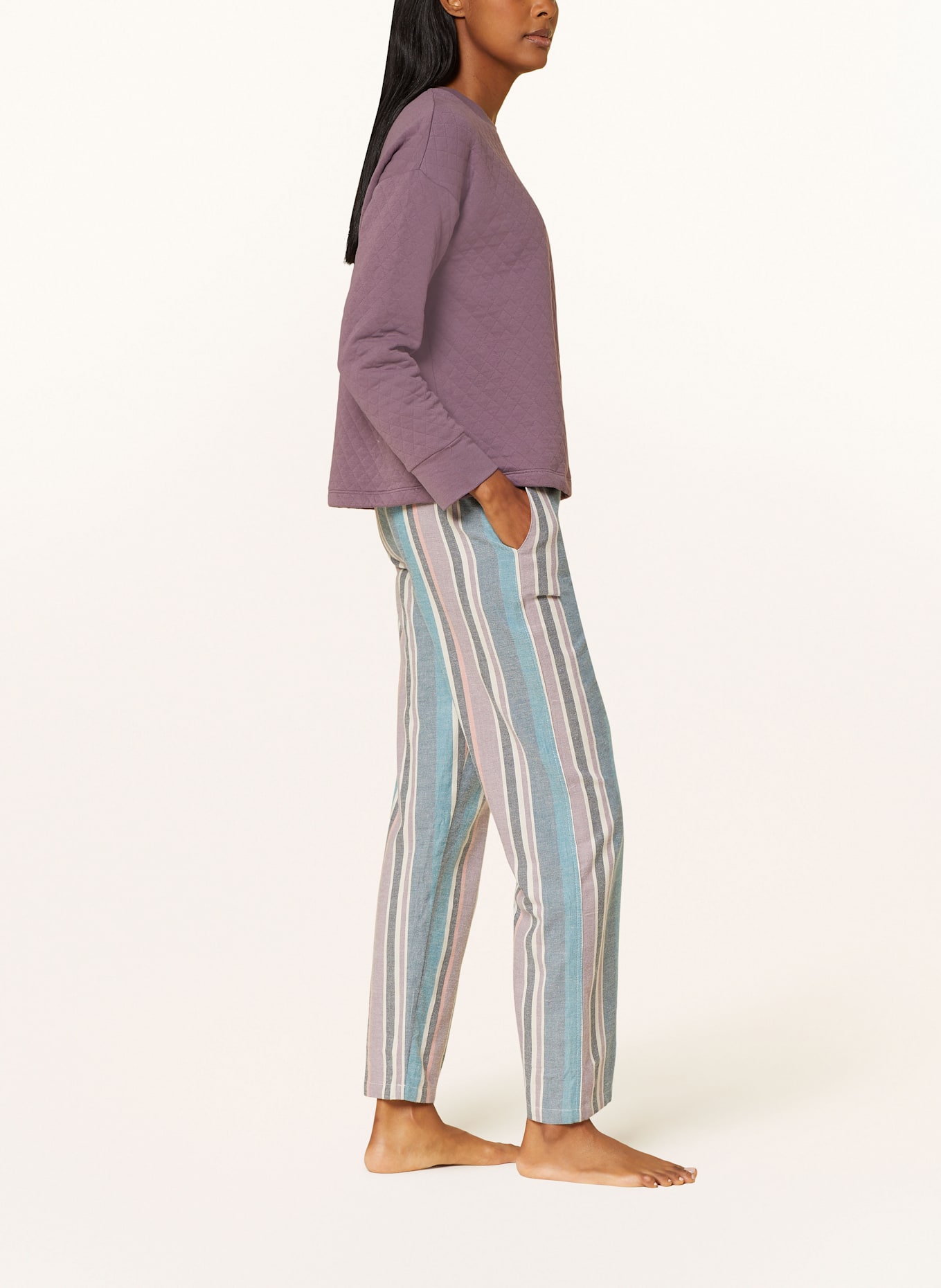 SCHIESSER Pyžamové kalhoty MIX+RELAX z flanelu: SVĚTLE FIALOVÁ / ČERNOŠEDÁ / KRÉMOVÁ