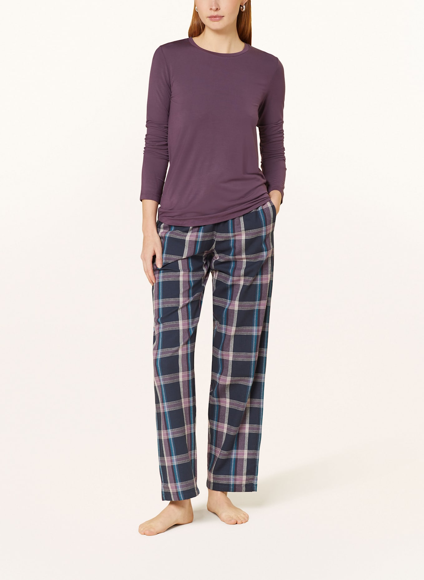 SCHIESSER Pyžamové kalhoty MIX+RELAX z flanelu: FIALOVÁ / TMAVĚ MODRÁ
