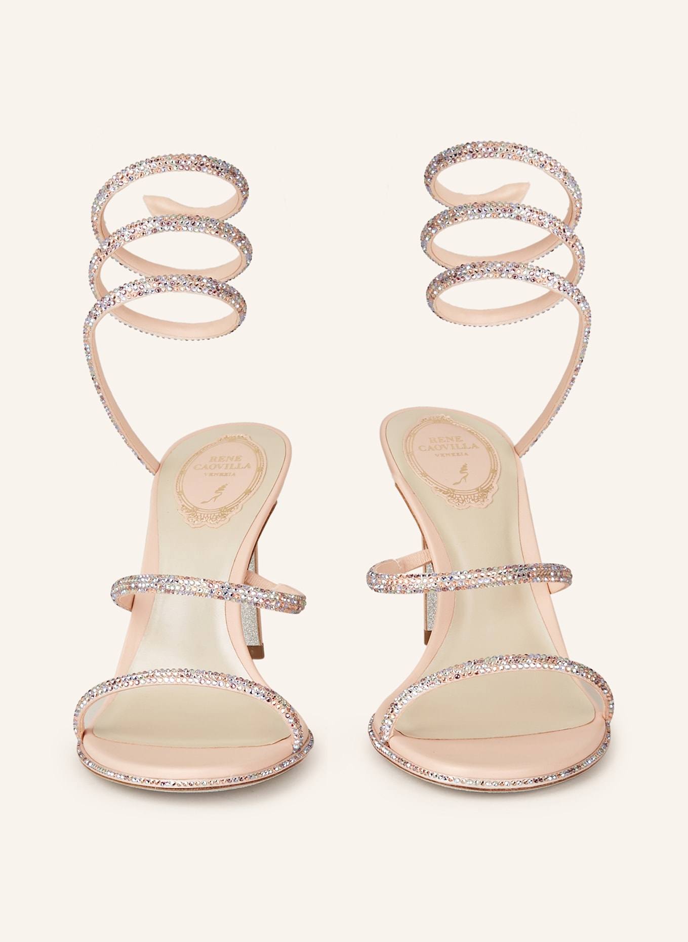 RENE CAOVILLA Sandały na obcasie CLEO z ozdobnymi kamykami: MOCNORÓŻOWY / BIAŁY / SREBRNY