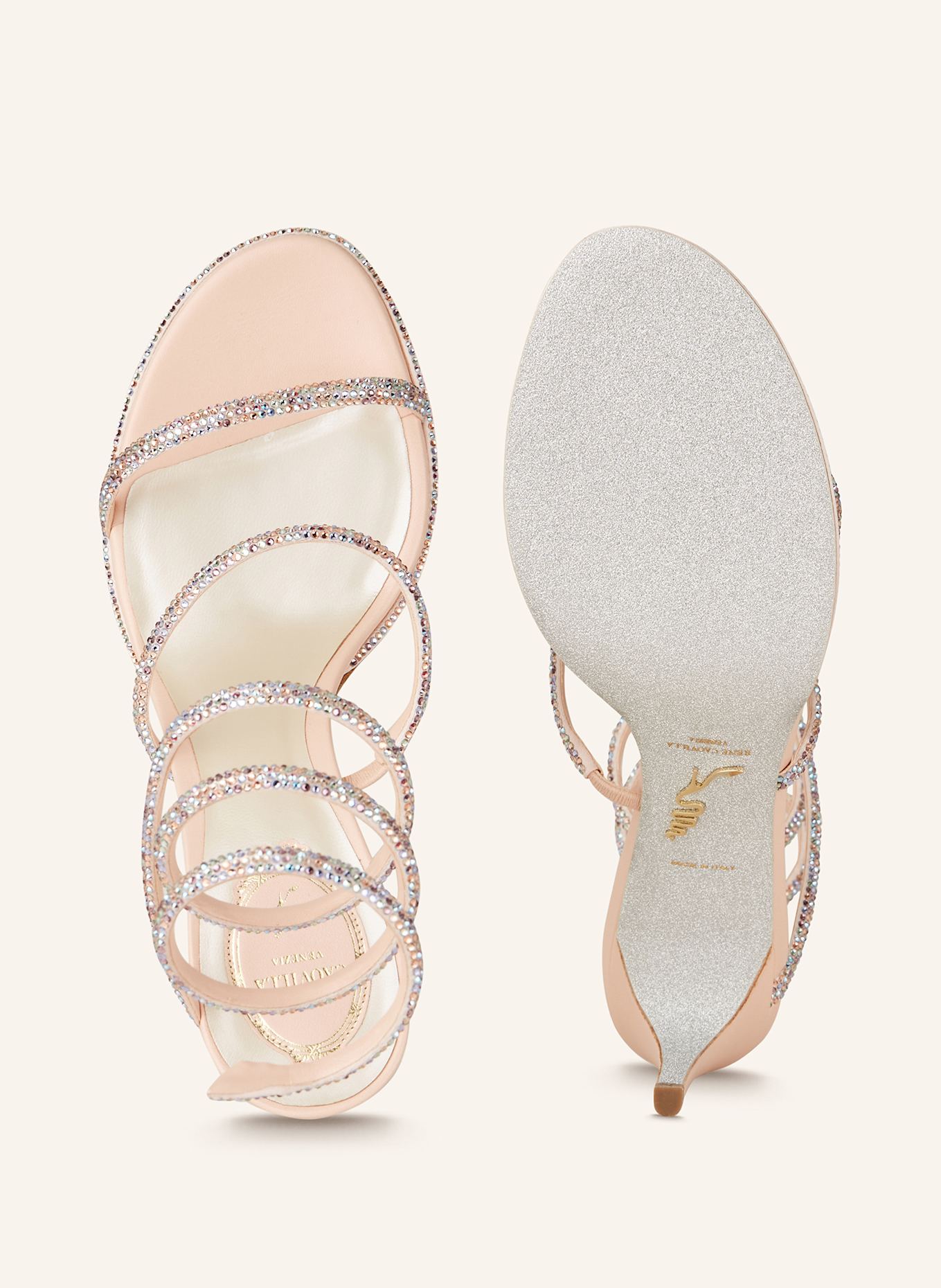 RENE CAOVILLA Sandały na obcasie CLEO z ozdobnymi kamykami: MOCNORÓŻOWY / BIAŁY / SREBRNY