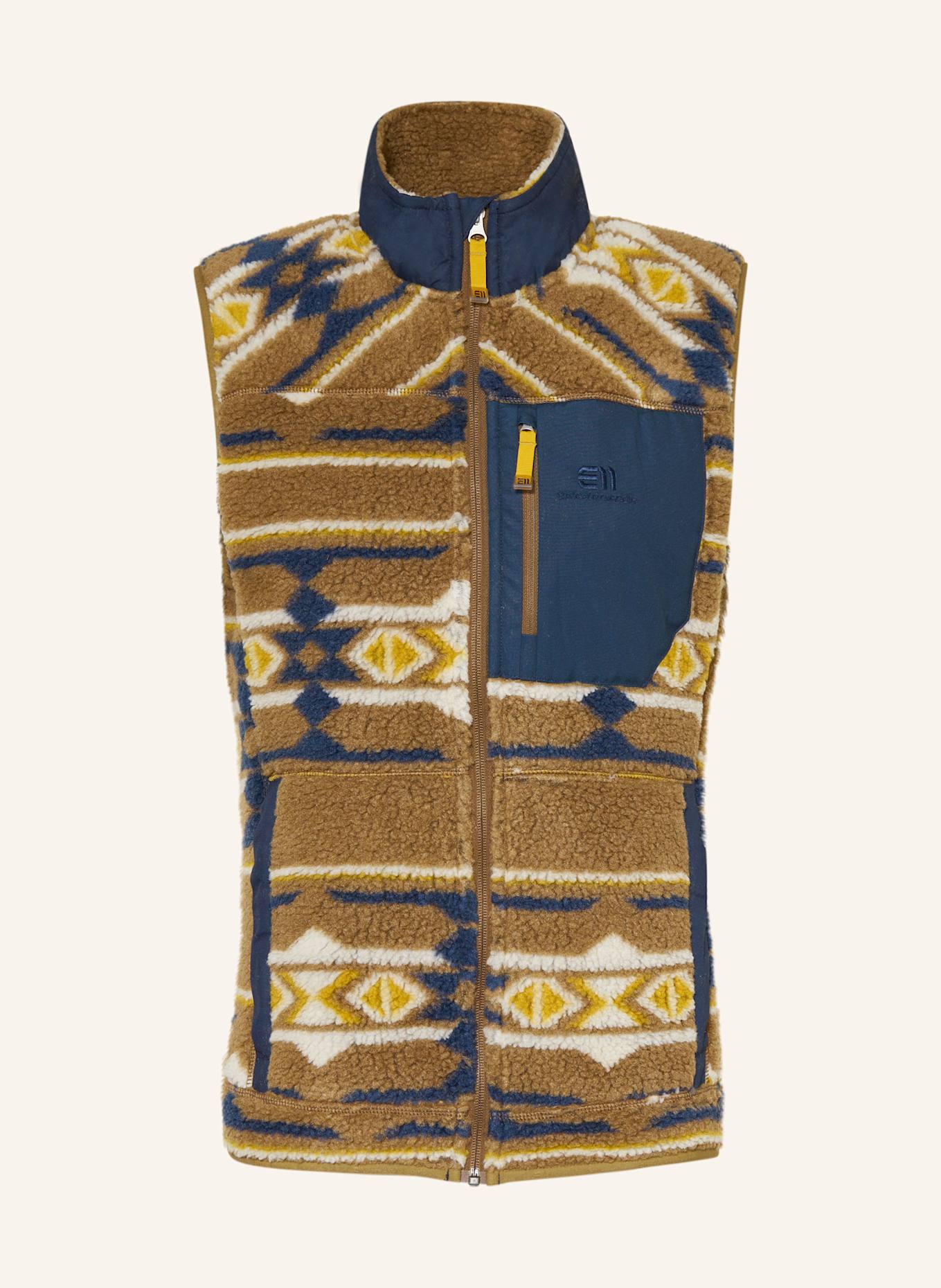 state of elevenate GLACIER fleece vest: BROWN / DARK BLUE / DARK YELLOW