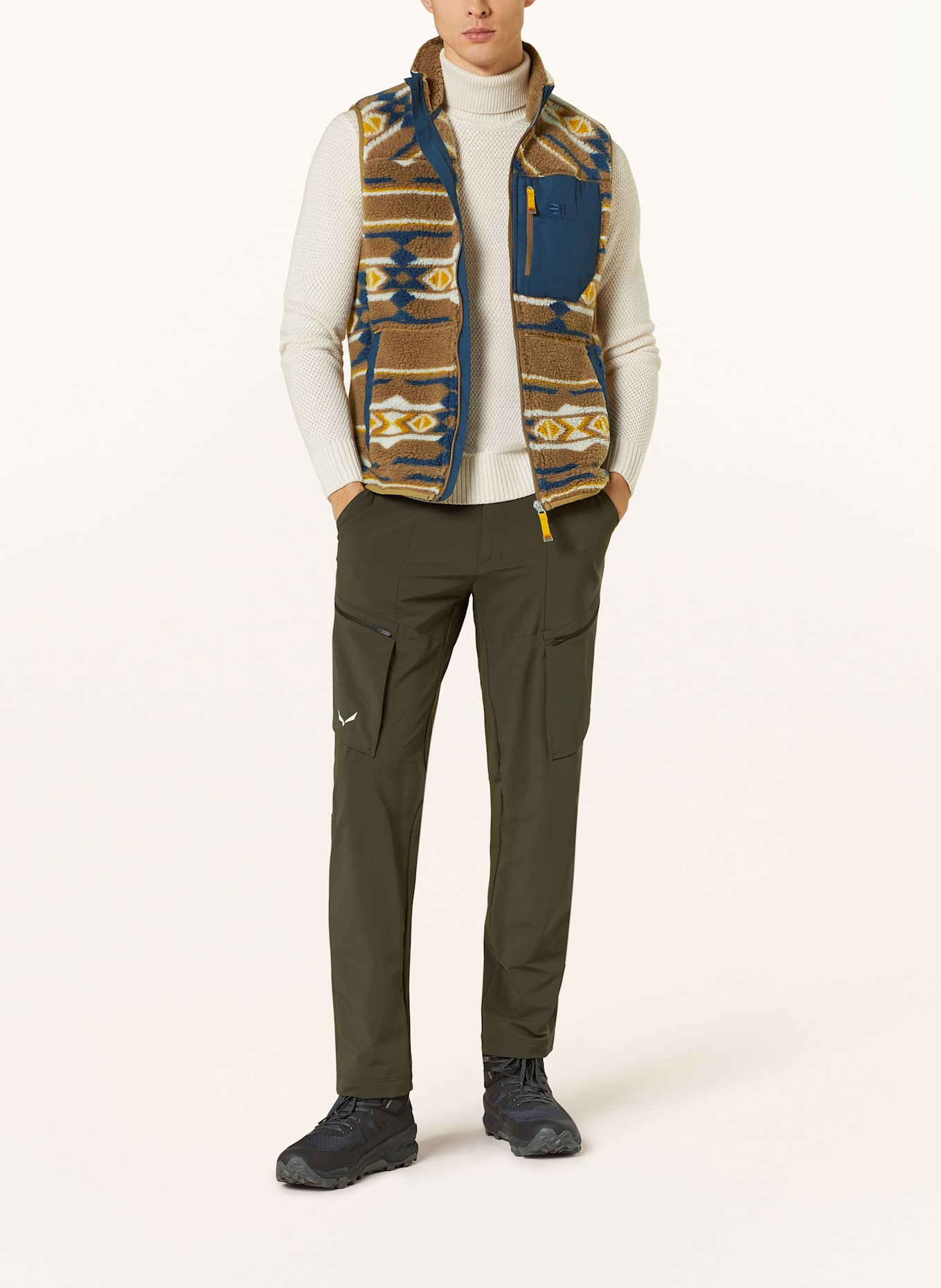 state of elevenate GLACIER fleece vest: BROWN / DARK BLUE / DARK YELLOW