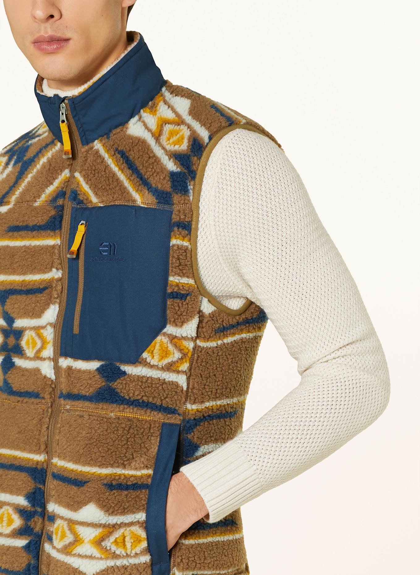 state of elevenate GLACIER fleece vest: BROWN / DARK BLUE / DARK YELLOW