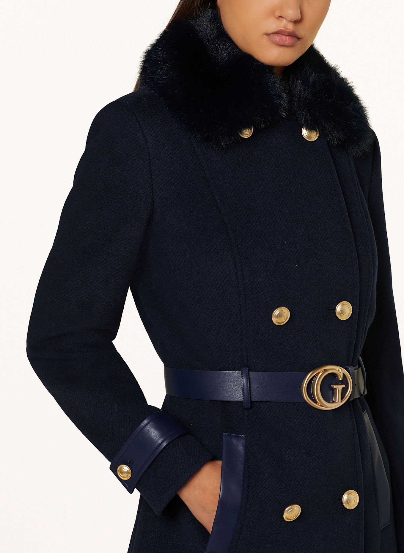 GUESS Tweed-Mantel AMELIA mit abnehmbarem Kunstfell: DUNKELBLAU