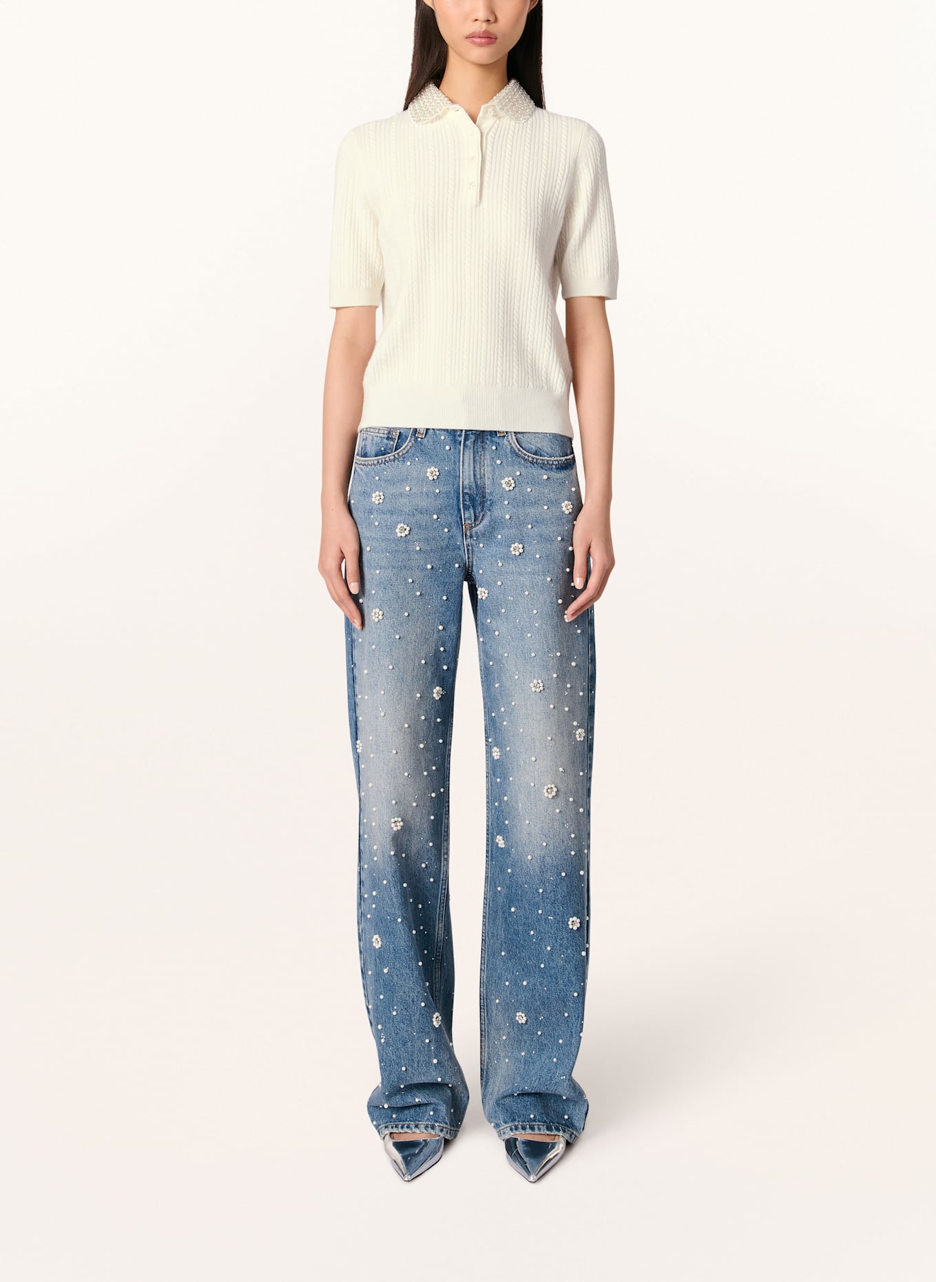 maje Strickshirt mit Schmucksteinen: ECRU