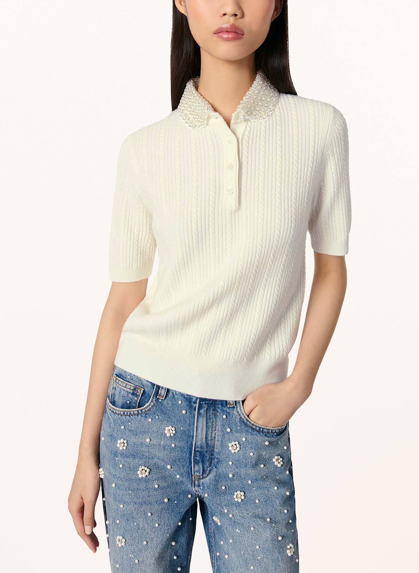 maje Strickshirt mit Schmucksteinen: ECRU