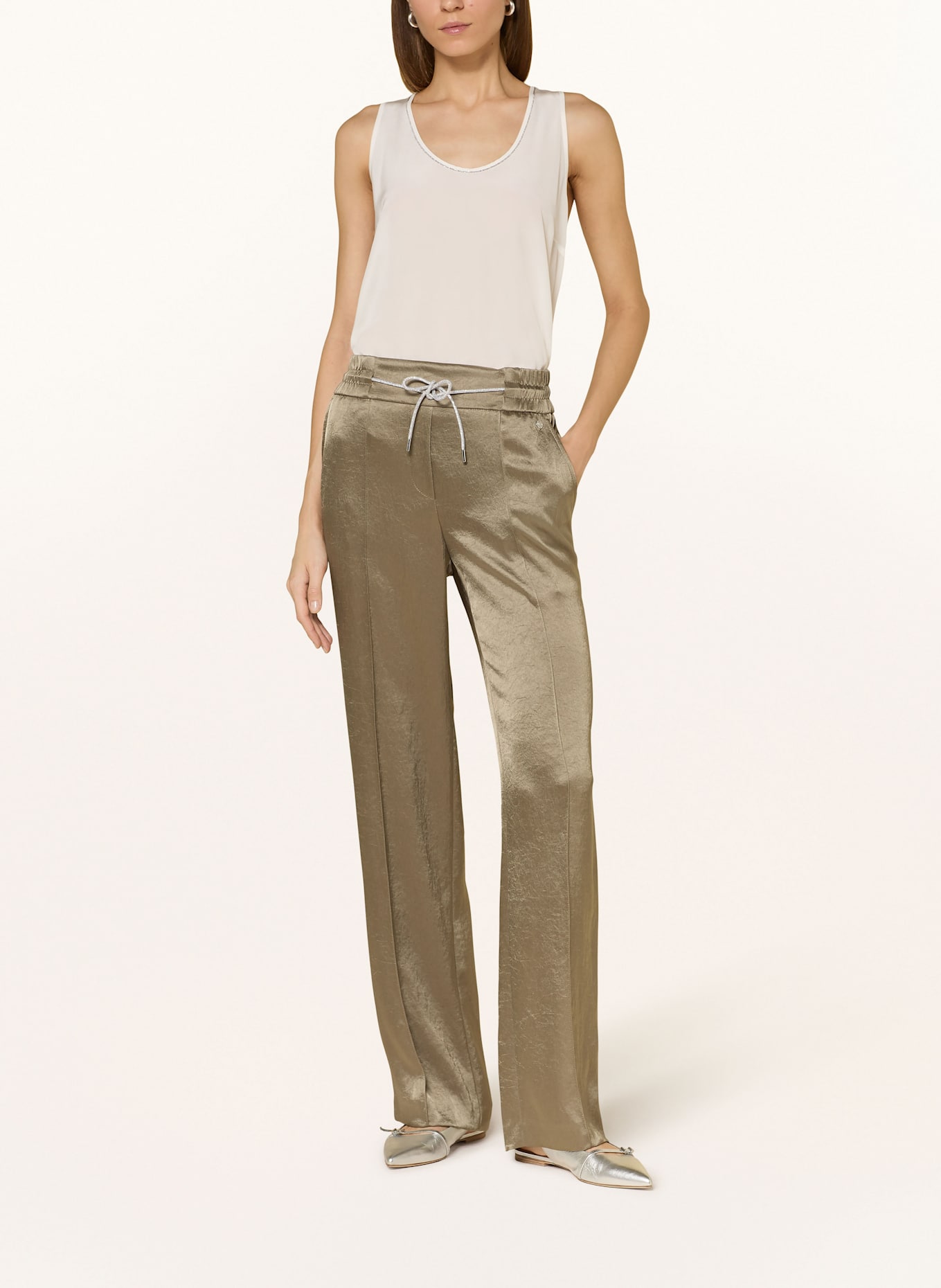 MARC CAIN Satin Marlene trousers with decorative gems: KHAKI