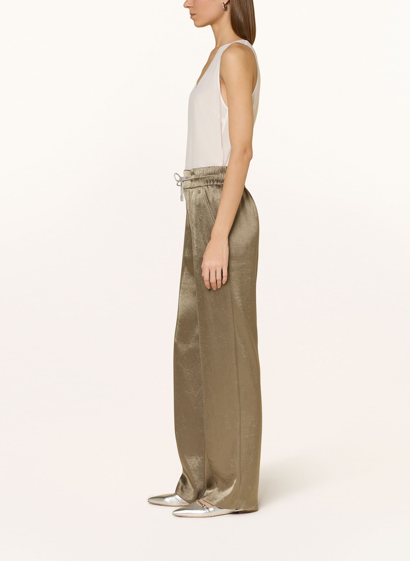 MARC CAIN Satin Marlene trousers with decorative gems: KHAKI