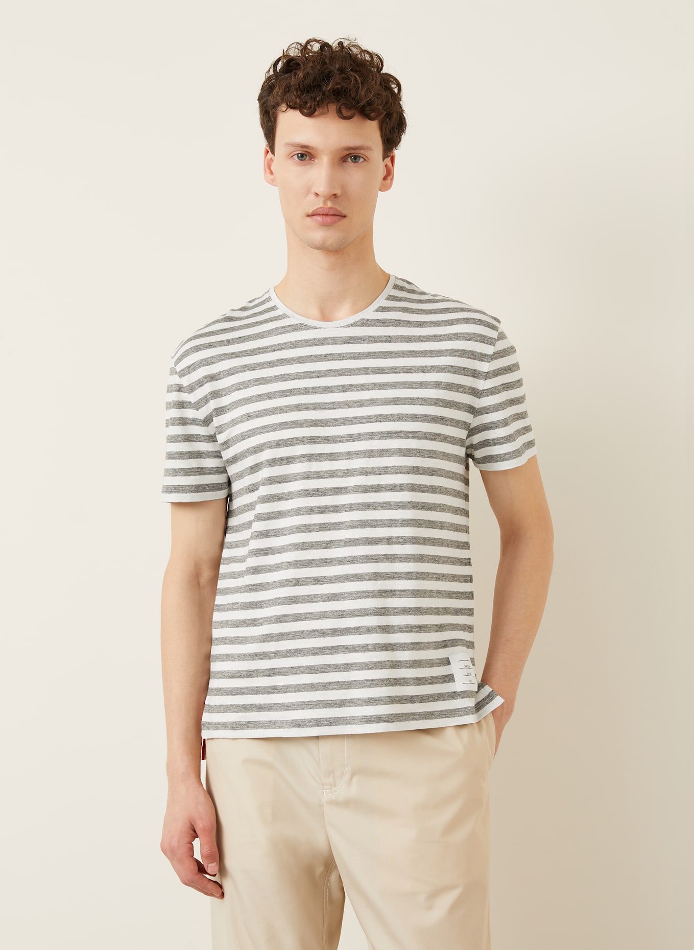 THOM BROWNE. T-Shirt aus Leinen: WEISS / GRAU