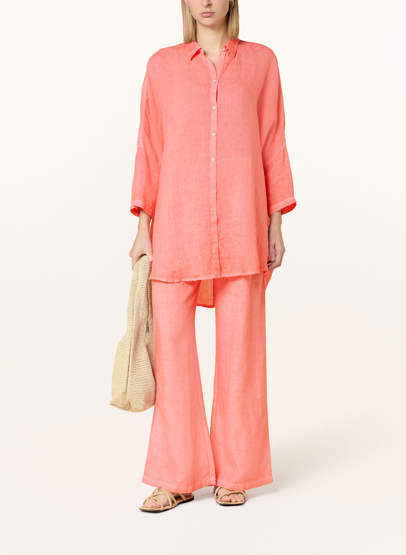 120%lino Oversized-Hemdbluse aus Leinen mit 3/4-Arm: PINK