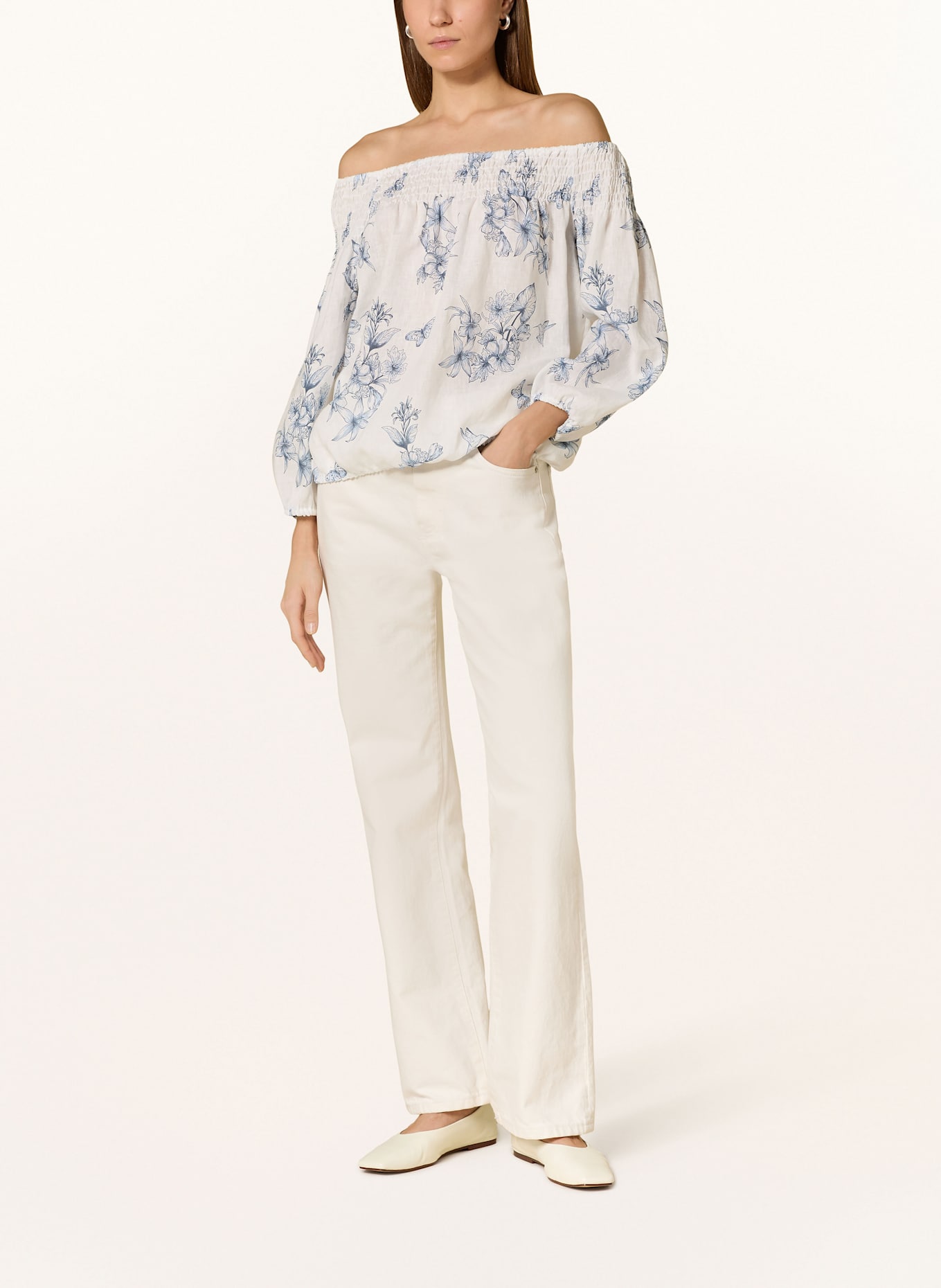 van Laack Off-shoulder blouse shirt VL-BERNICE-SV in linen: WHITE / DARK BLUE / BLUE
