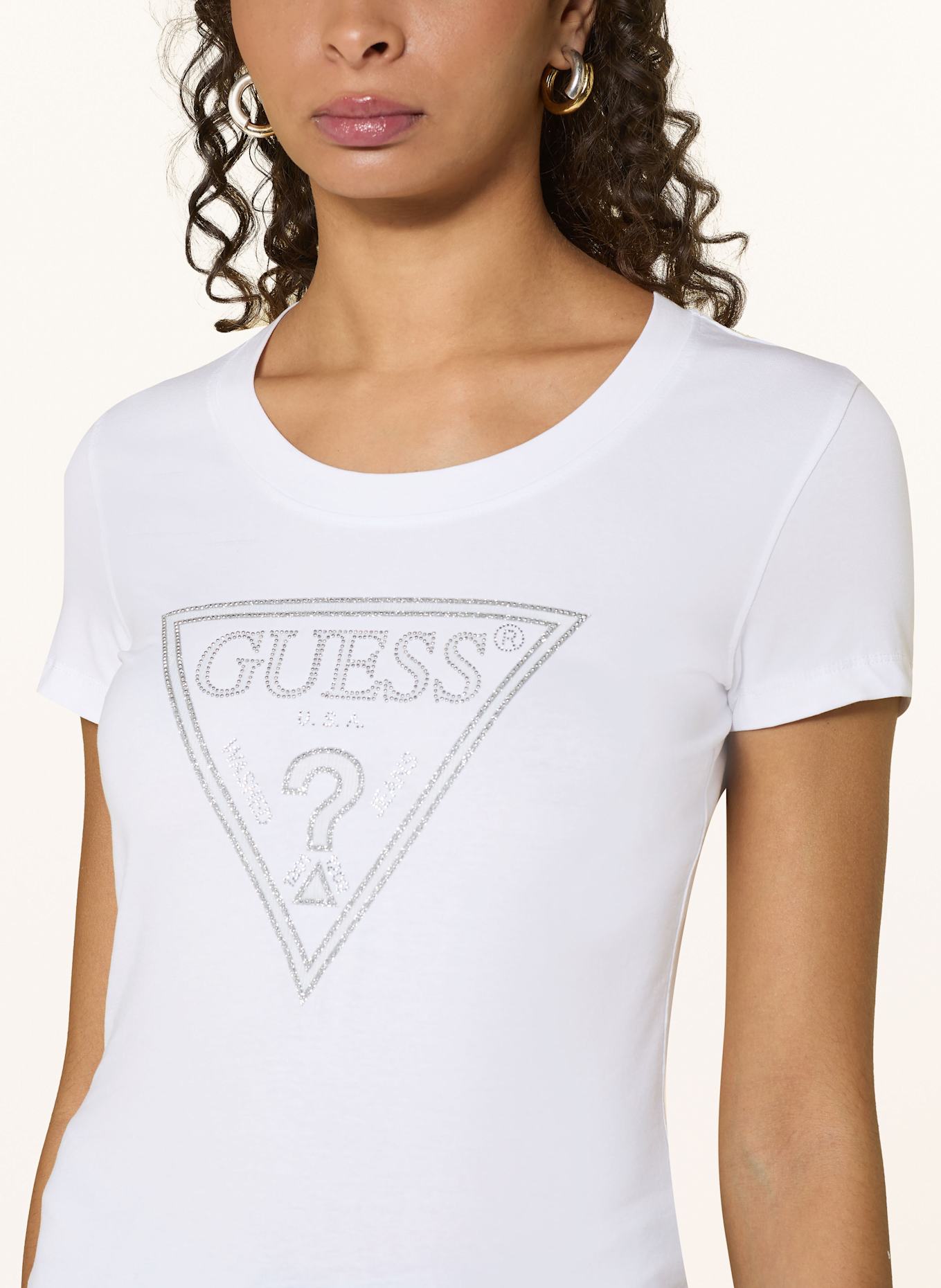 GUESS T-shirt with decorative gems: WHITE/ SILVER