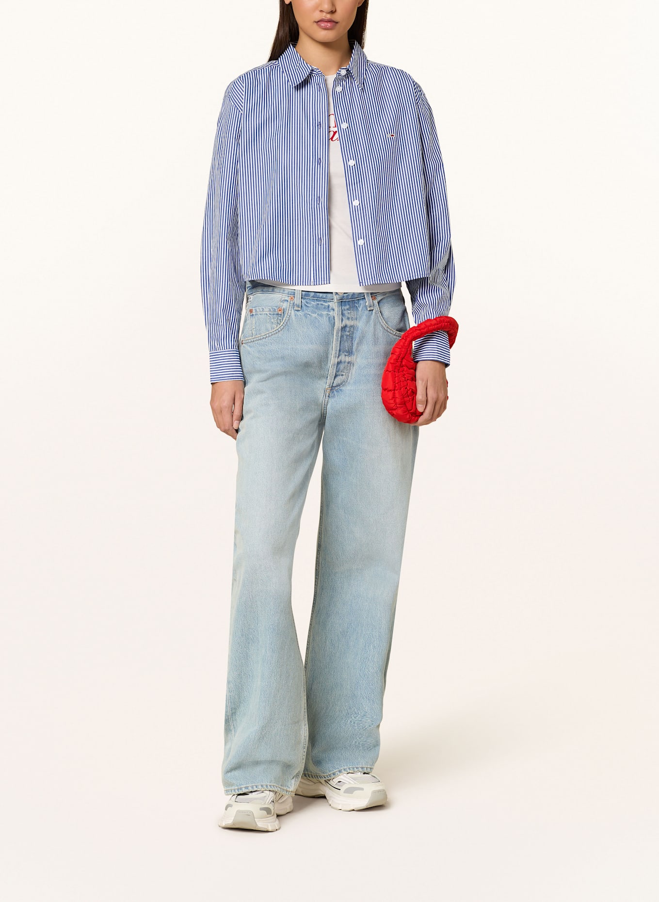 TOMMY JEANS Hemdbluse: DUNKELBLAU / WEISS