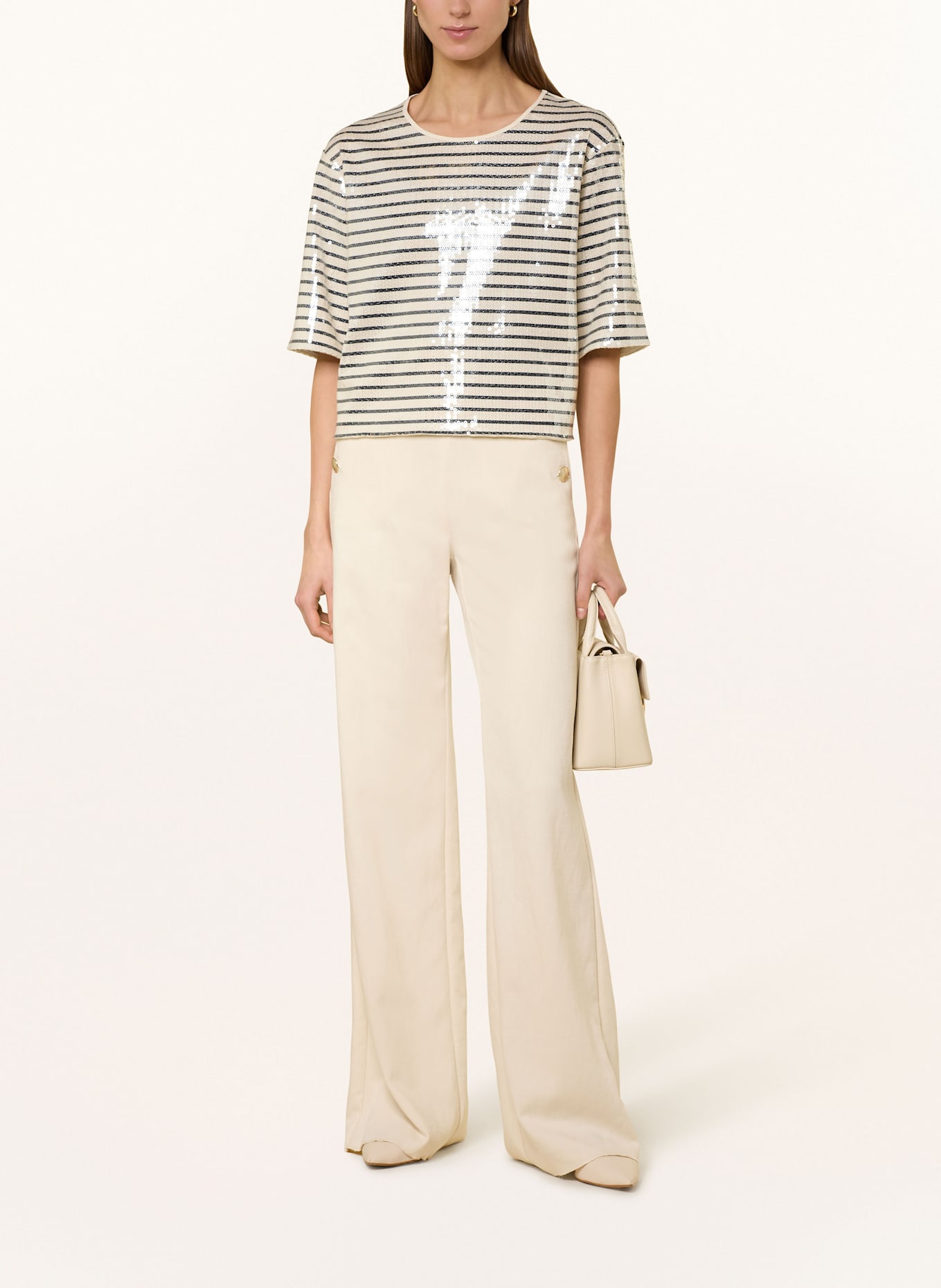 MARELLA T-shirt z rękawem 3/4 i cekinami: KREMOWY / GRANATOWY