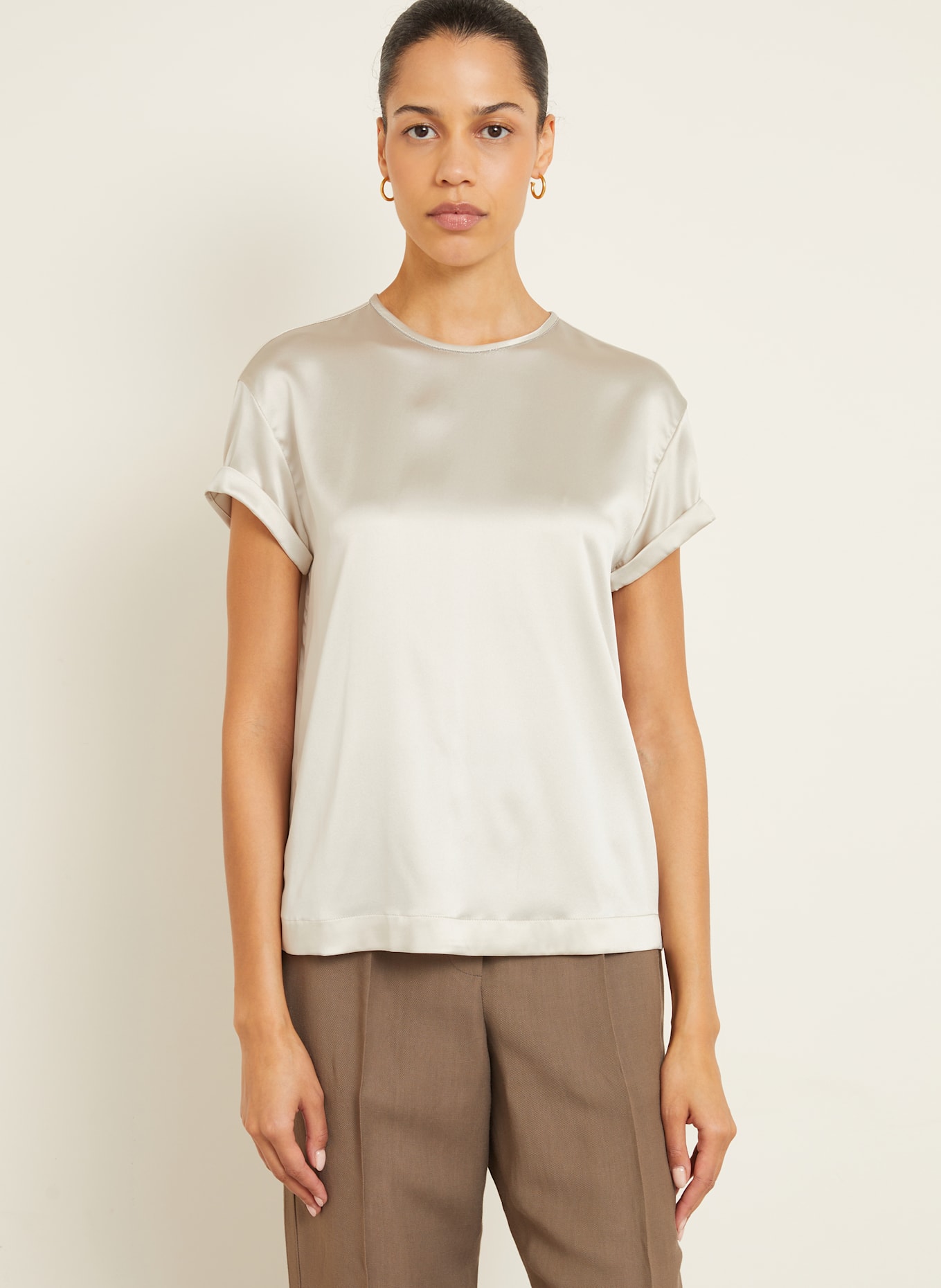 BRUNELLO CUCINELLI Chemisier en soie avec pierres décoratives: CRÈME