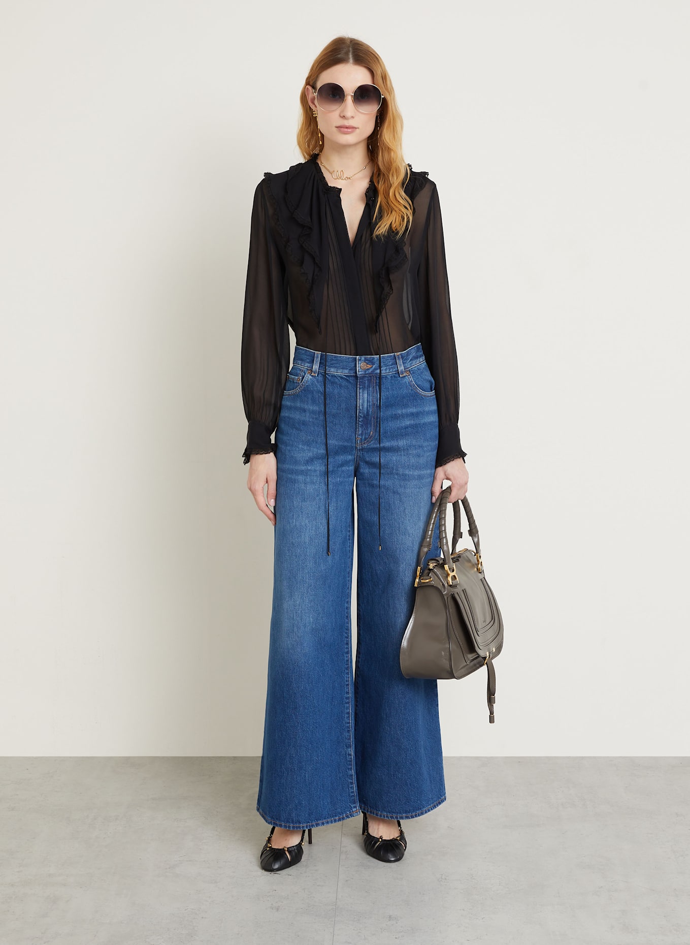 Chloé Silk blouse with frills and lace in black