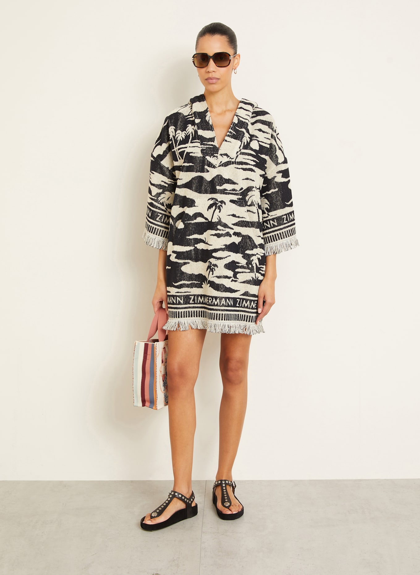 ZIMMERMANN Plážové šaty MAXINE z froté s 3/4 rukávem: ČERNÁ / KRÉMOVÁ